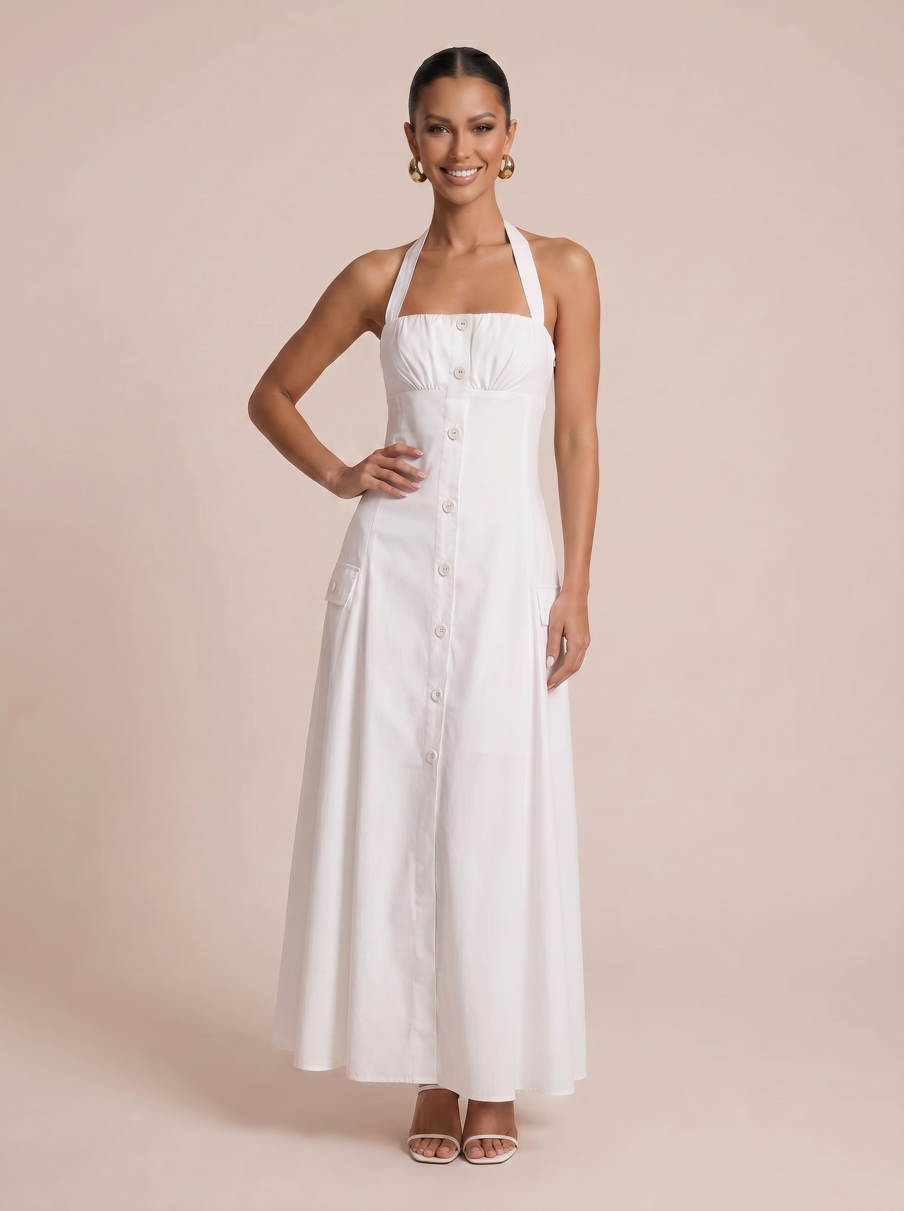 Taylor White Halter Midi Summer Sundress Dress