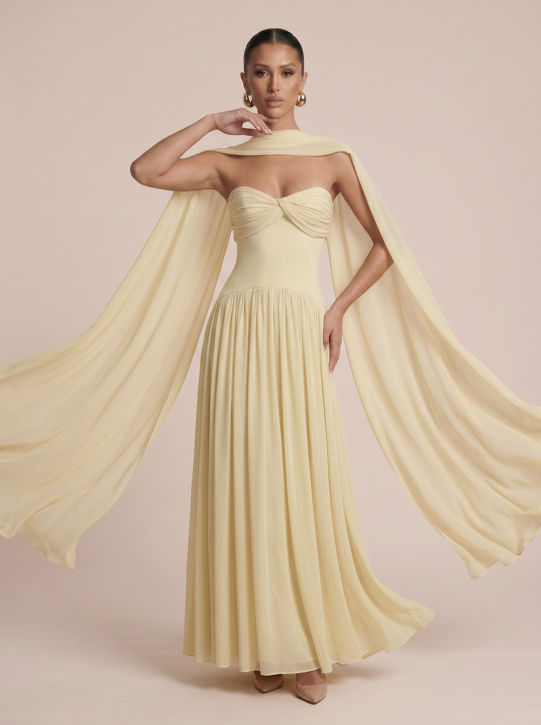 Belsa Yellow Strapless Elegant Pleated A-line Maxi Dress