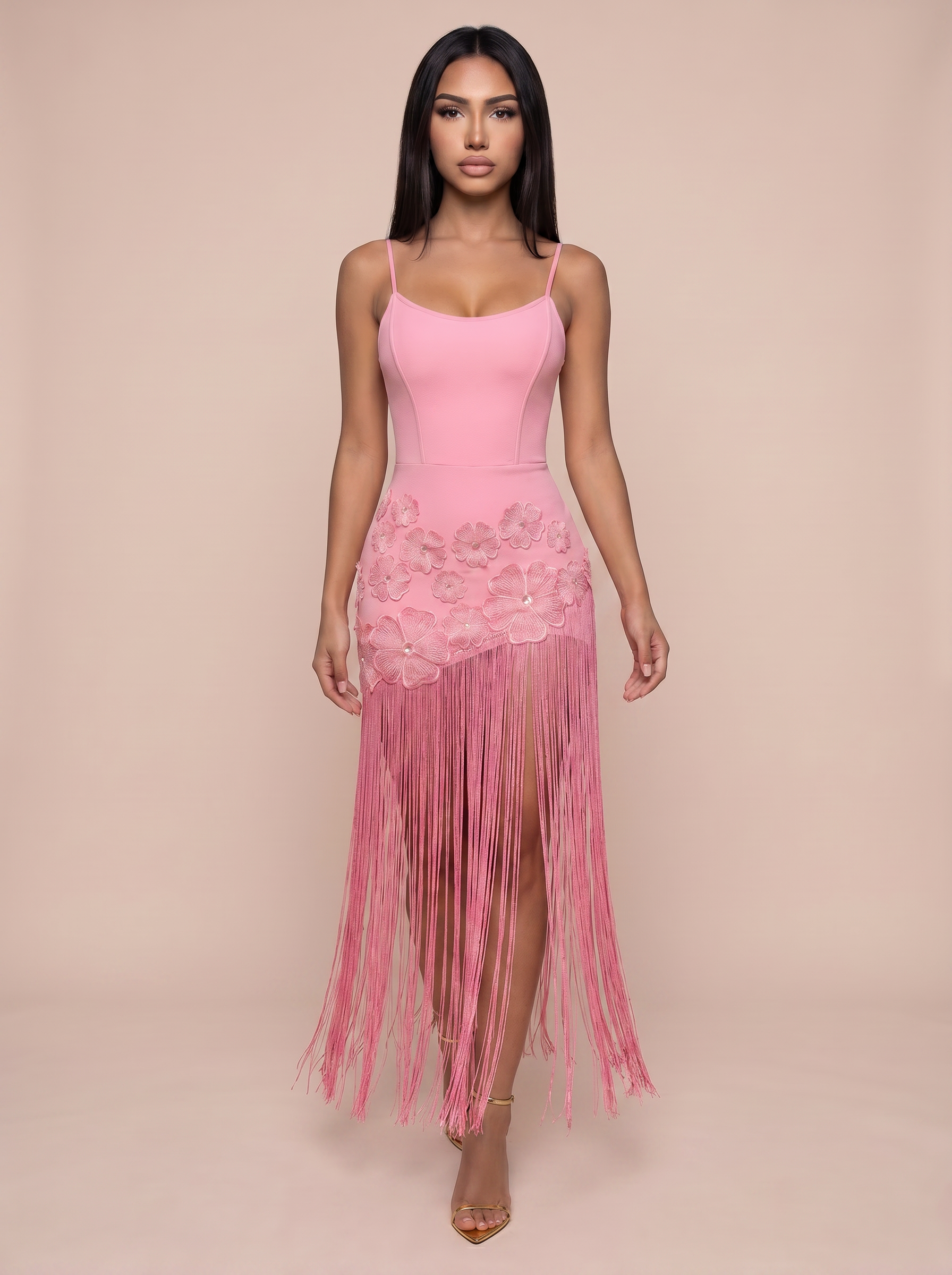 Madison Pink Flower Tassel Bandage Maxi Dress