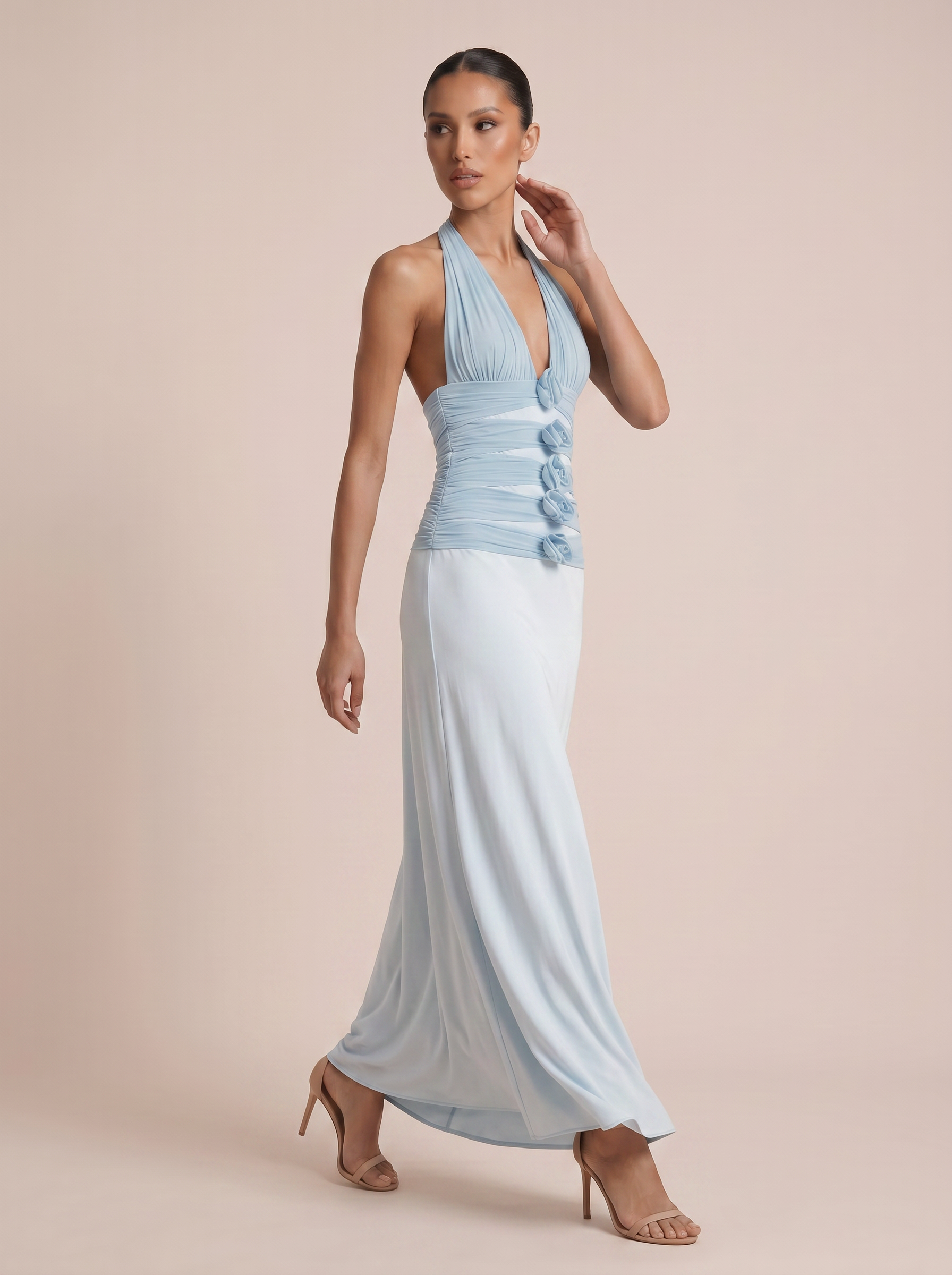 Elina Blue Sleeveless Flower Maxi Dress