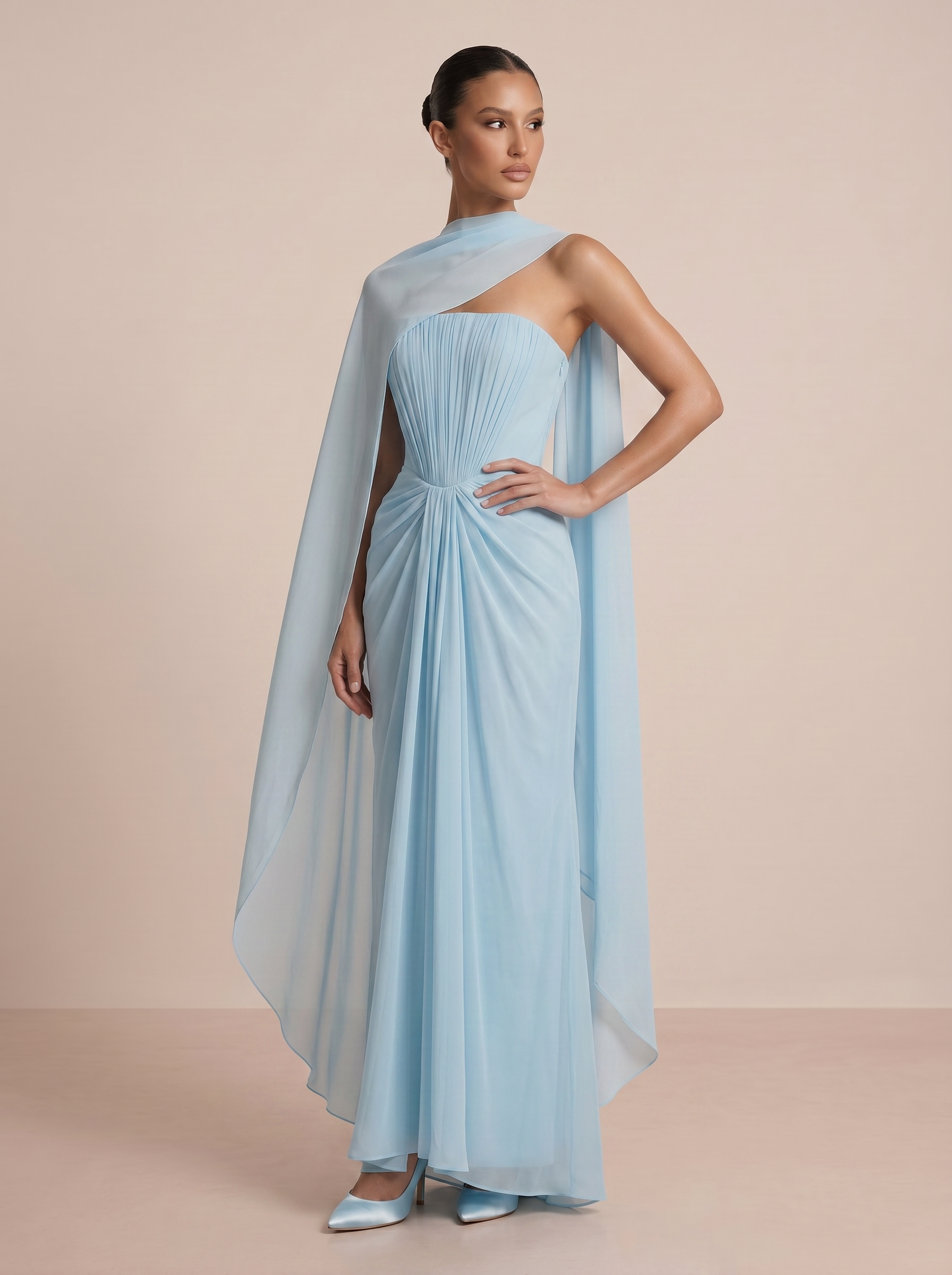 Louisa Strapless Scarf Ruched Pleated Maxi Dress