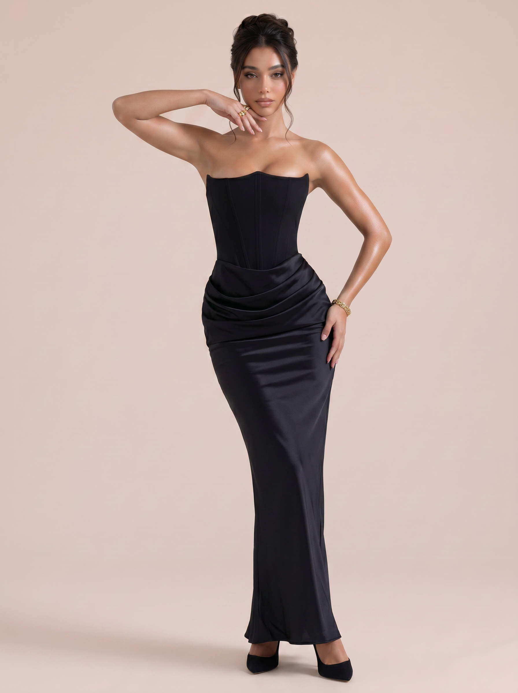 Gia Strapless Fishbone Ruched Maxi Dress