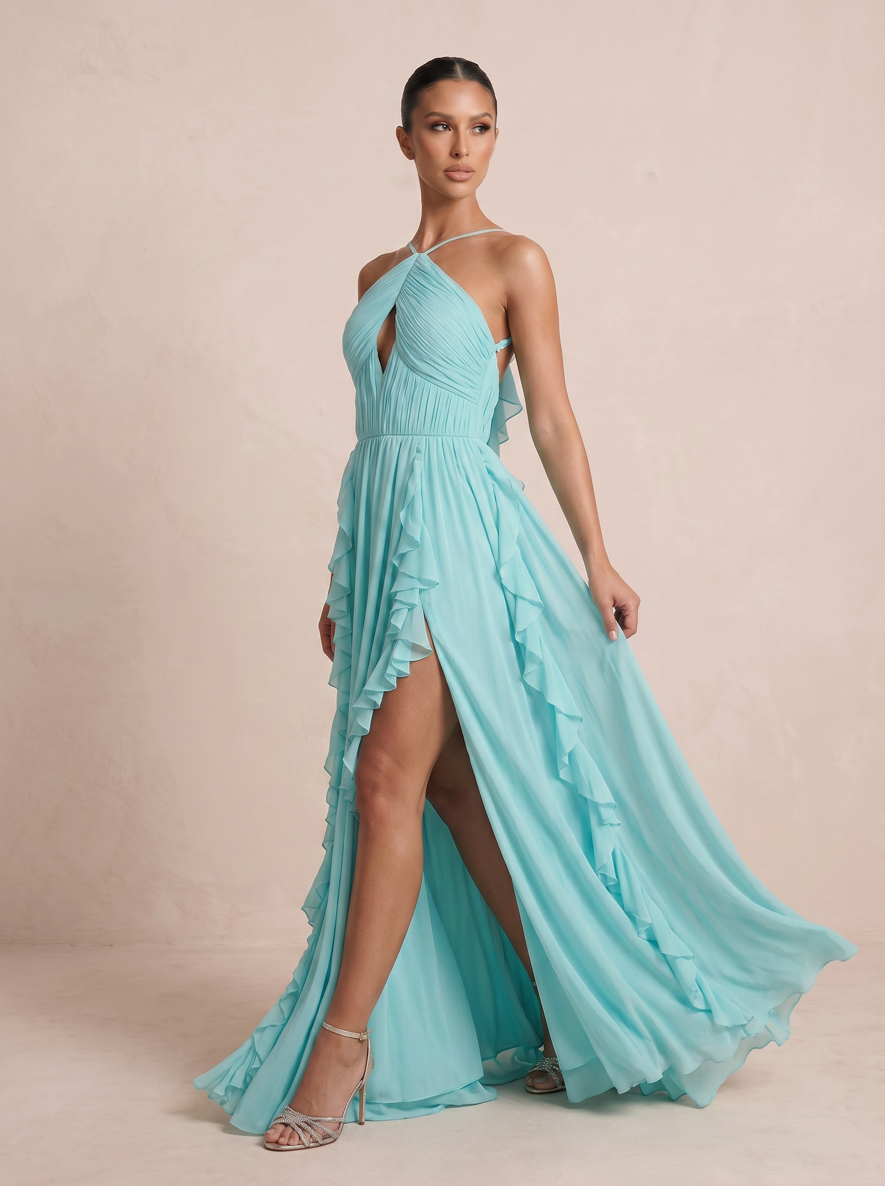 Bellia Halter Pleated High Slit Maxi Dress