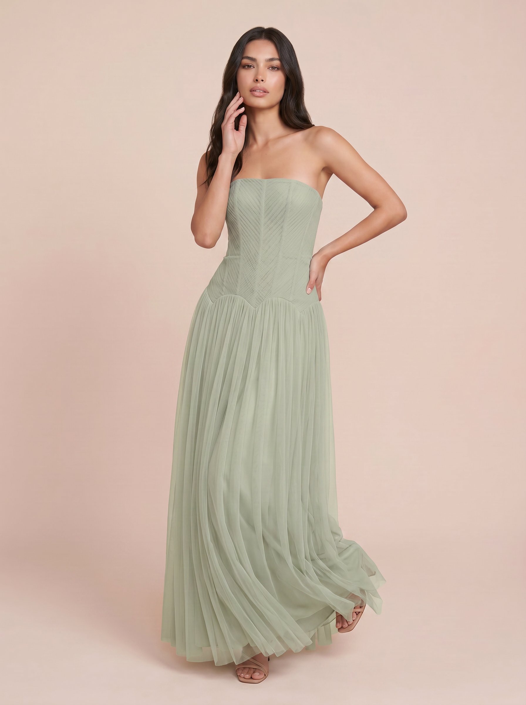 Shyala Green Strapless A-line Elegant Pleated Maxi Dress