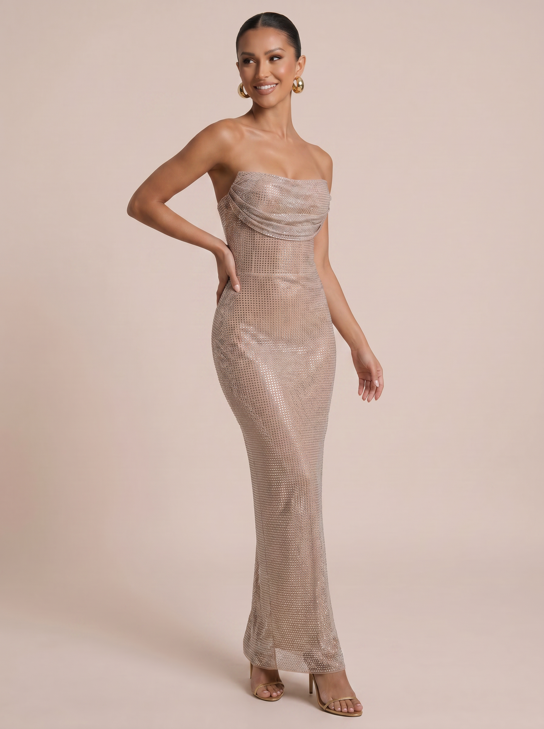 Esme Gold Strapless Rhinestone Sequin Maxi Dress