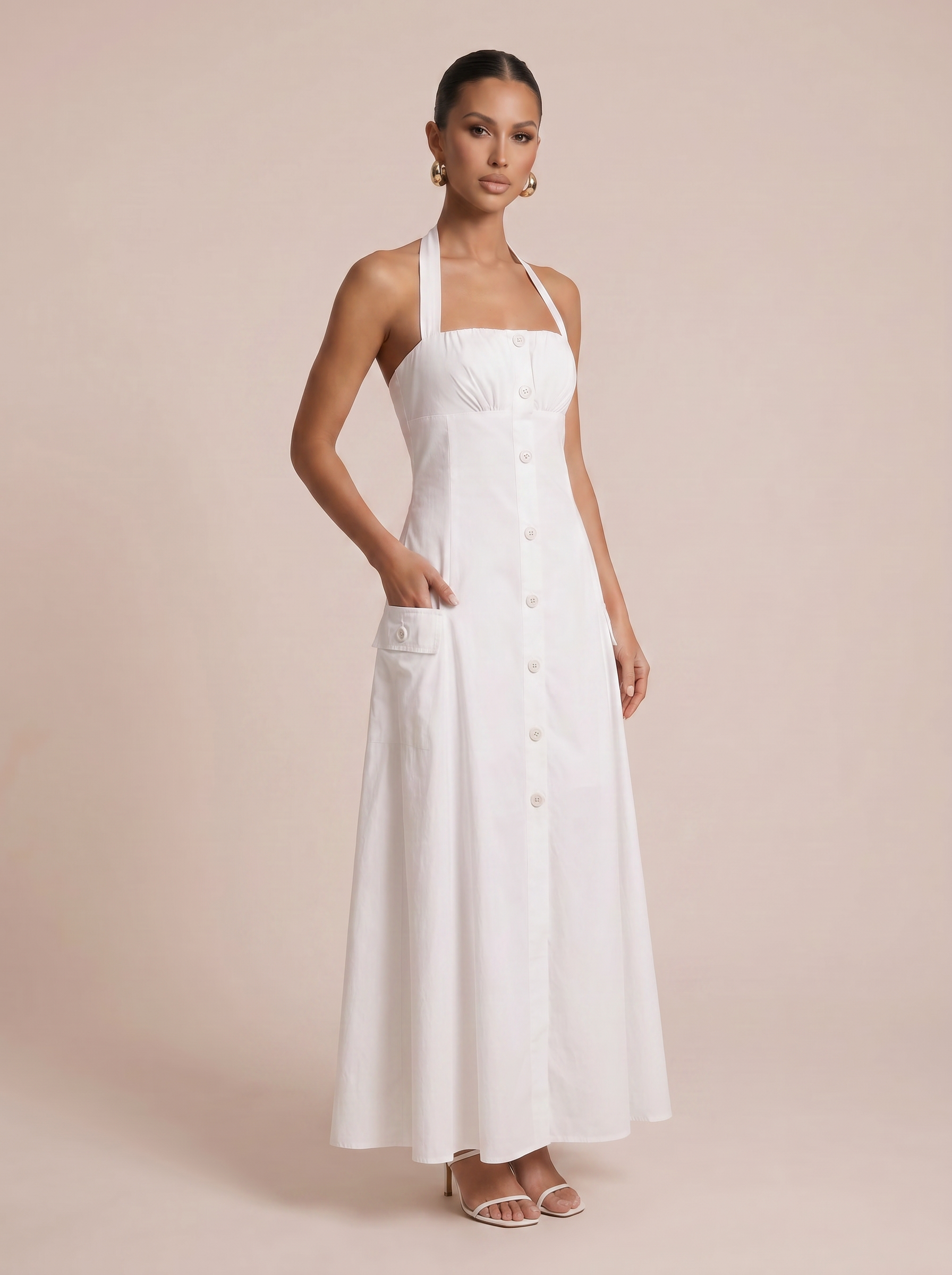 Taylor White Halter Midi Summer Sundress Dress