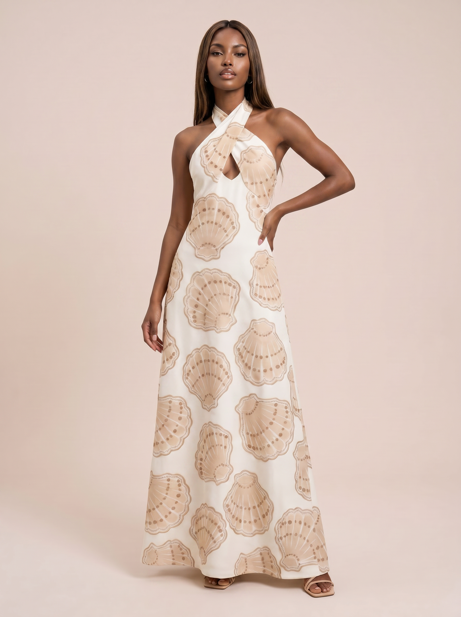 Saylor Seashell Print Halter Summer Beach Maxi Dress