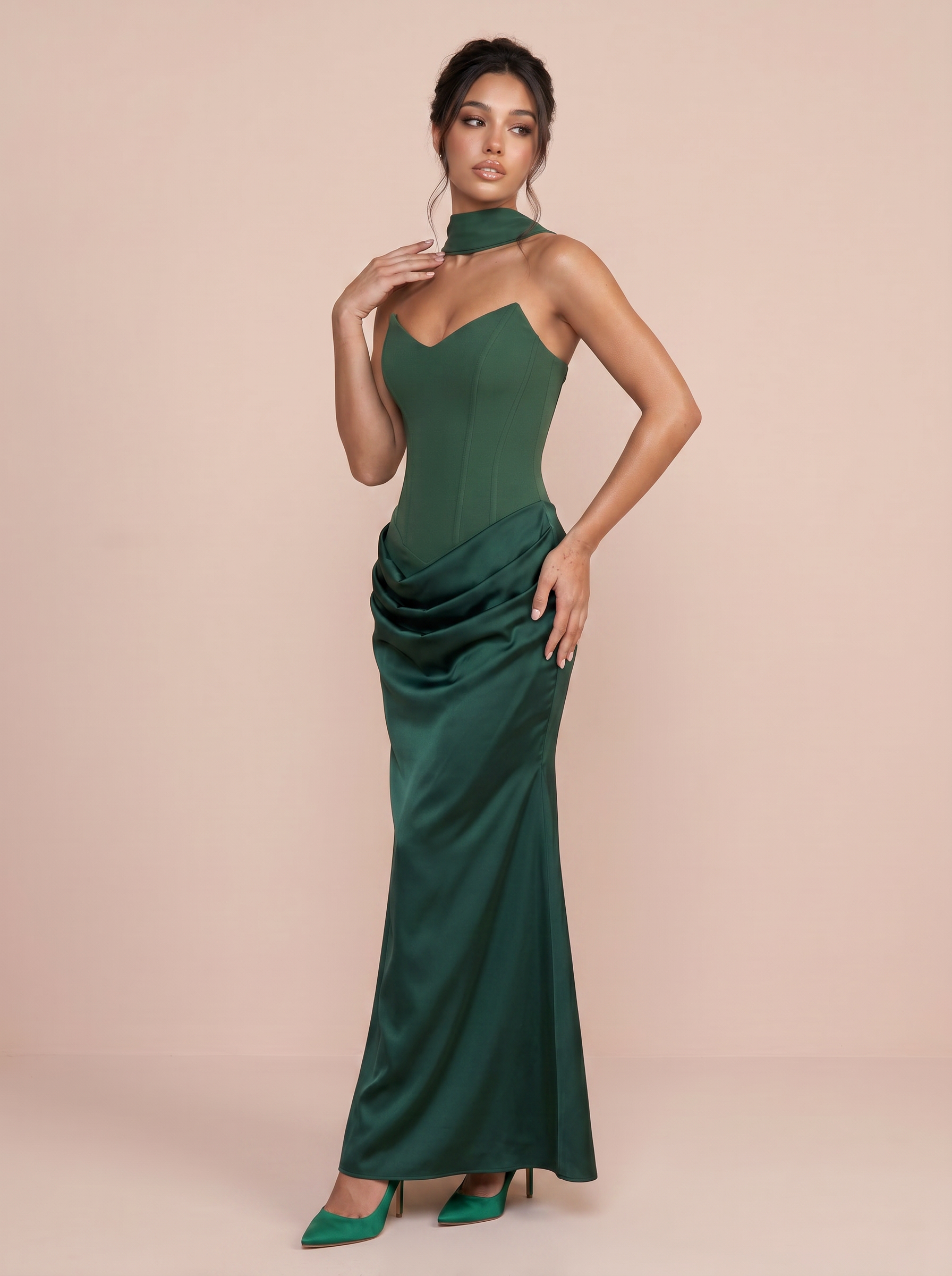 Aviana Satin StraplessFishbone Ruched Maxi Dress