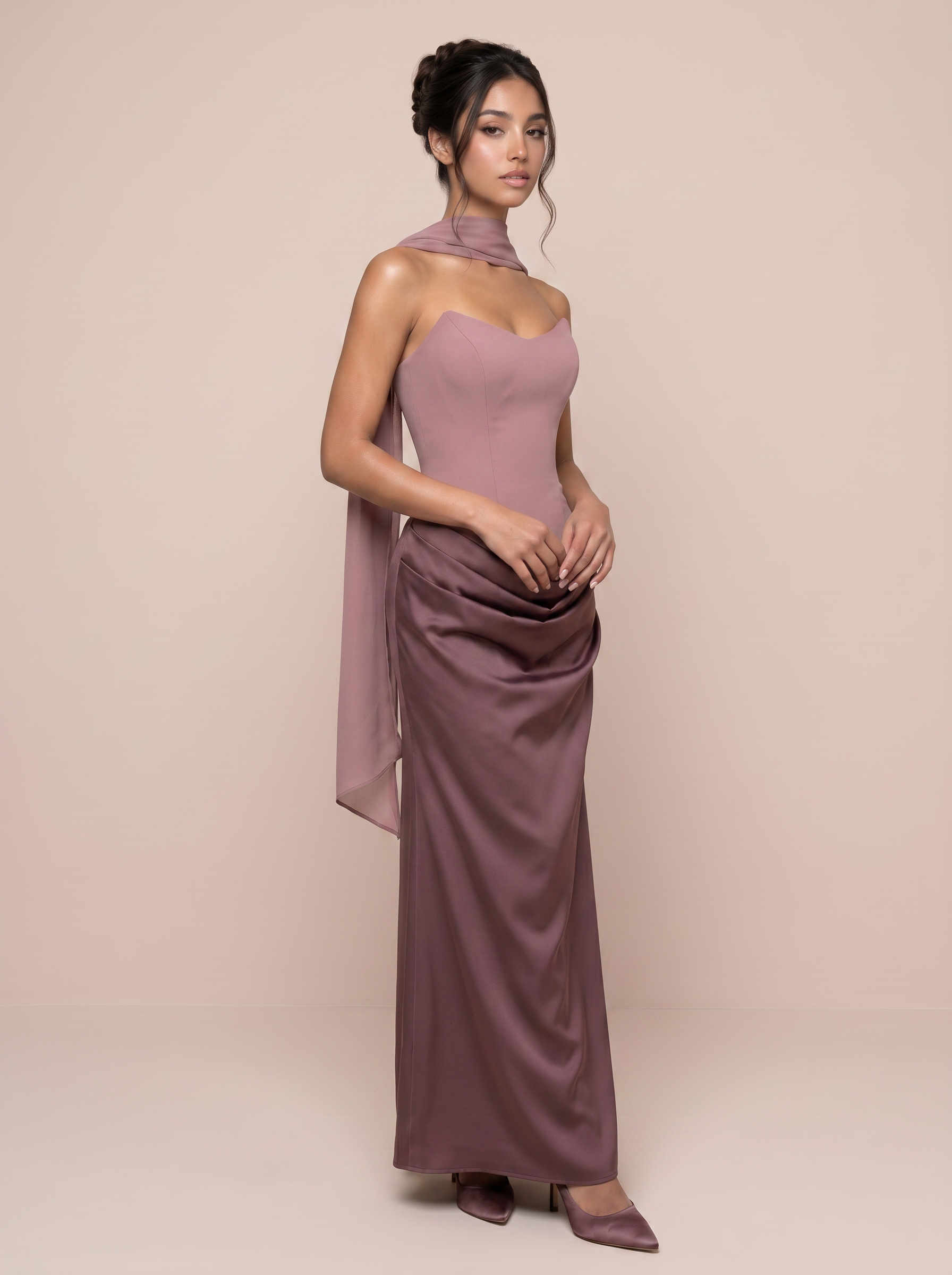 Aviana Satin StraplessFishbone Ruched Maxi Dress