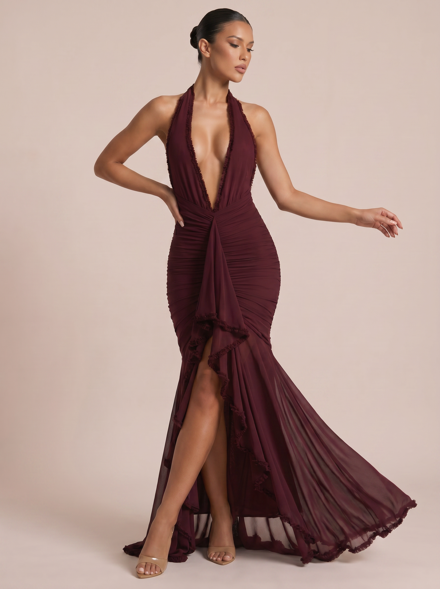 Lily Elegant Halter Deep V Neck Ruffle Maxi Dress