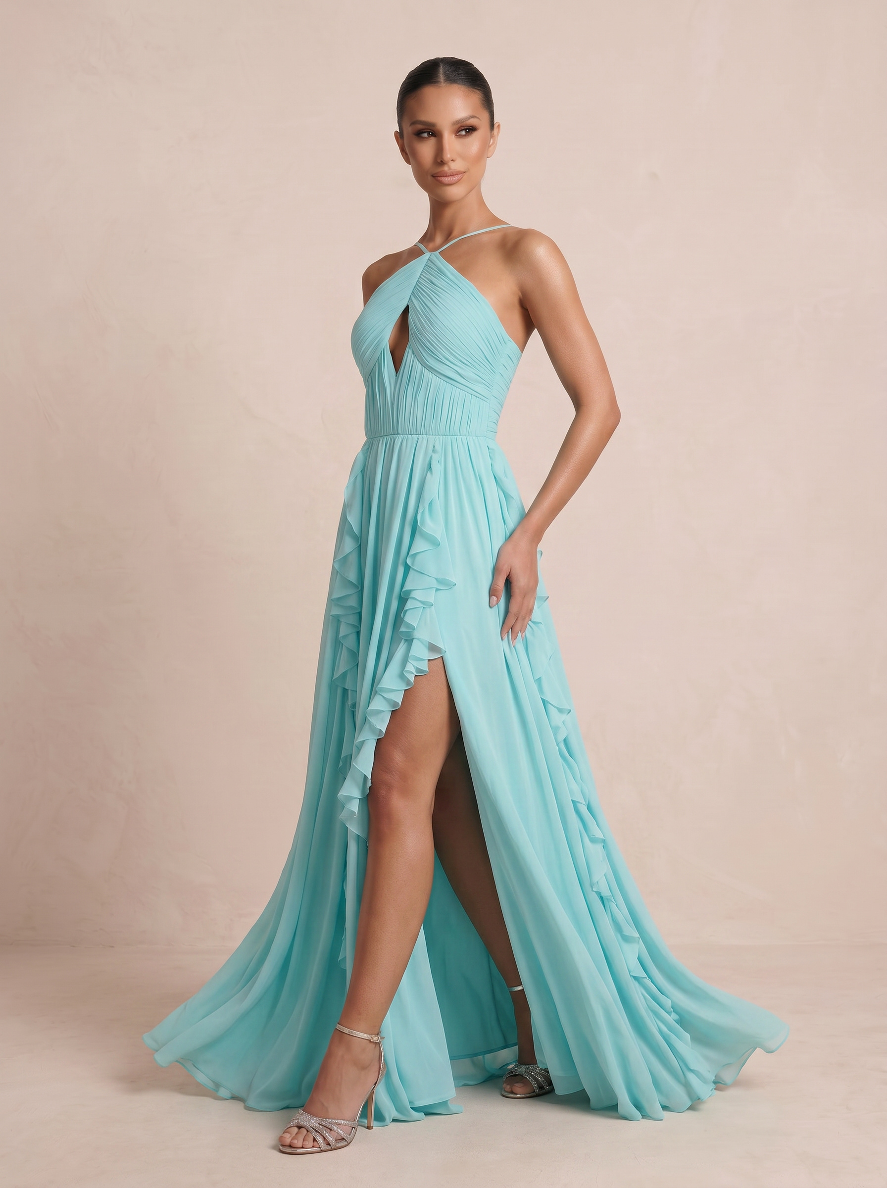 Bellia Halter Pleated High Slit Maxi Dress