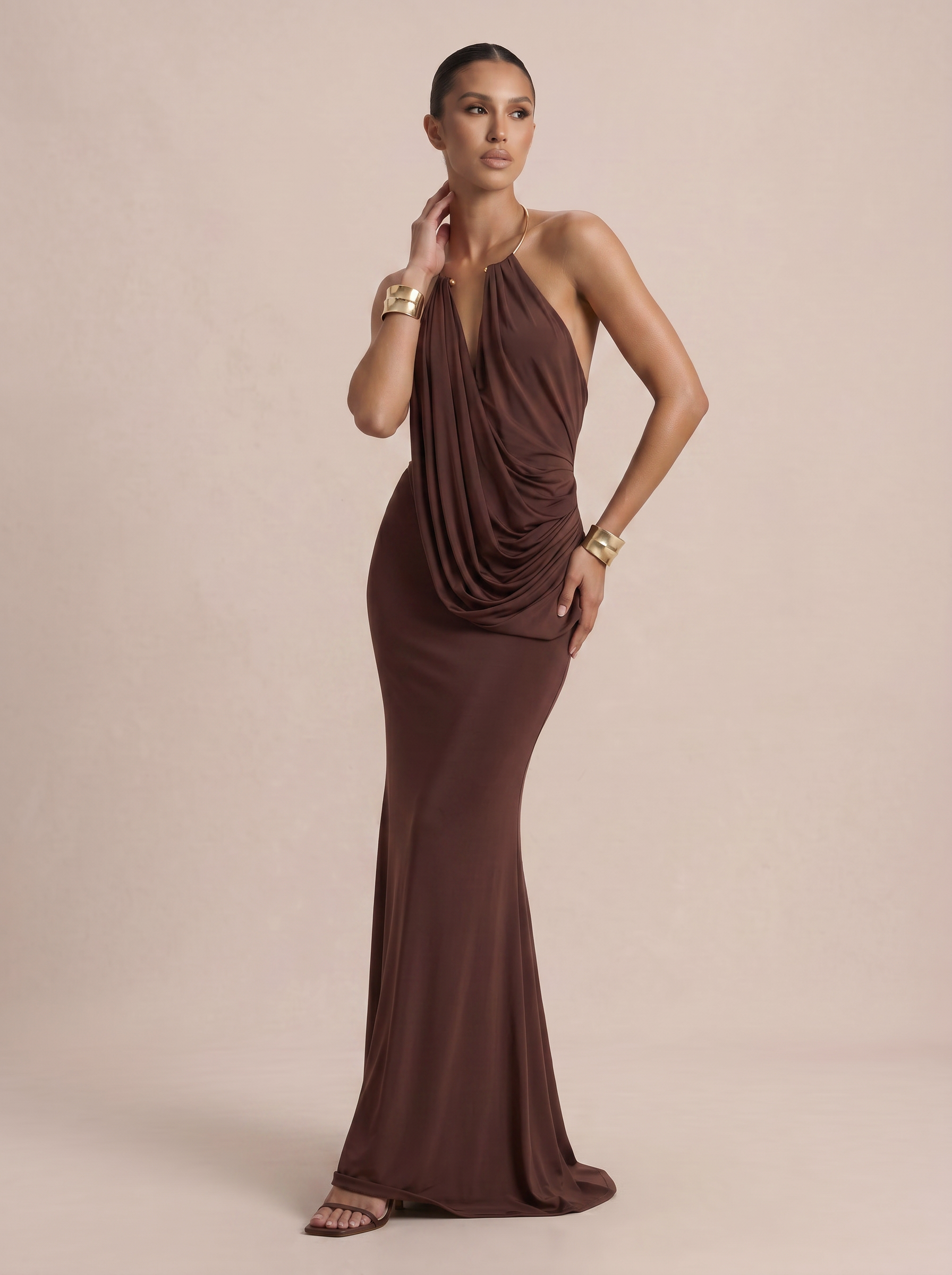 Gigi Brown Draped Halter Sleeveless Backless Maxi Dress