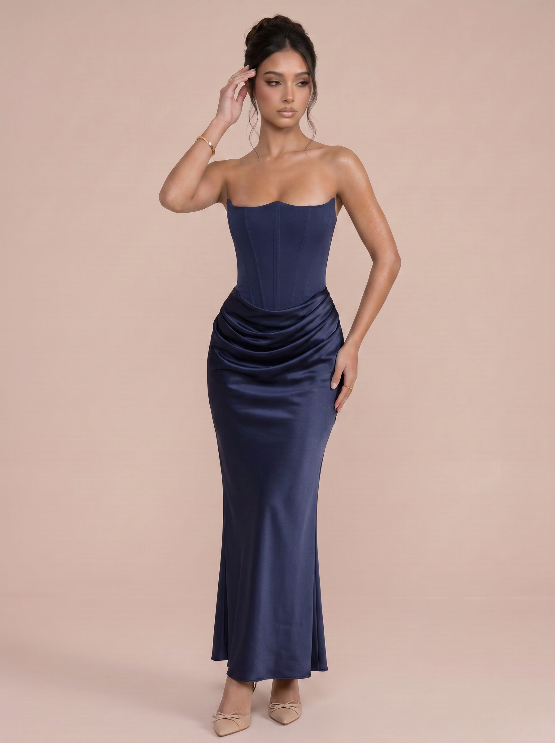 Gia Strapless Fishbone Ruched Maxi Dress