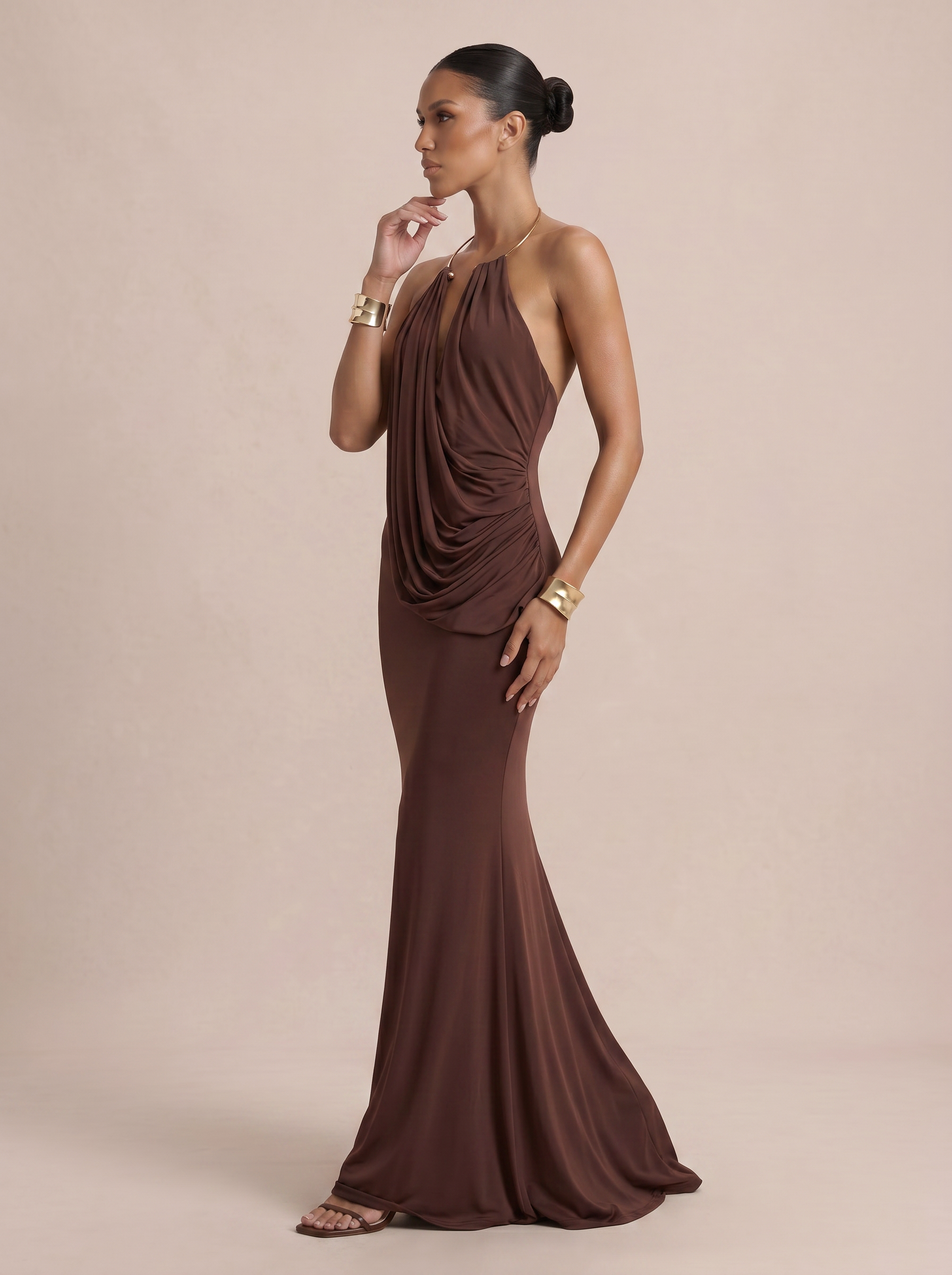Gigi Brown Draped Halter Sleeveless Backless Maxi Dress