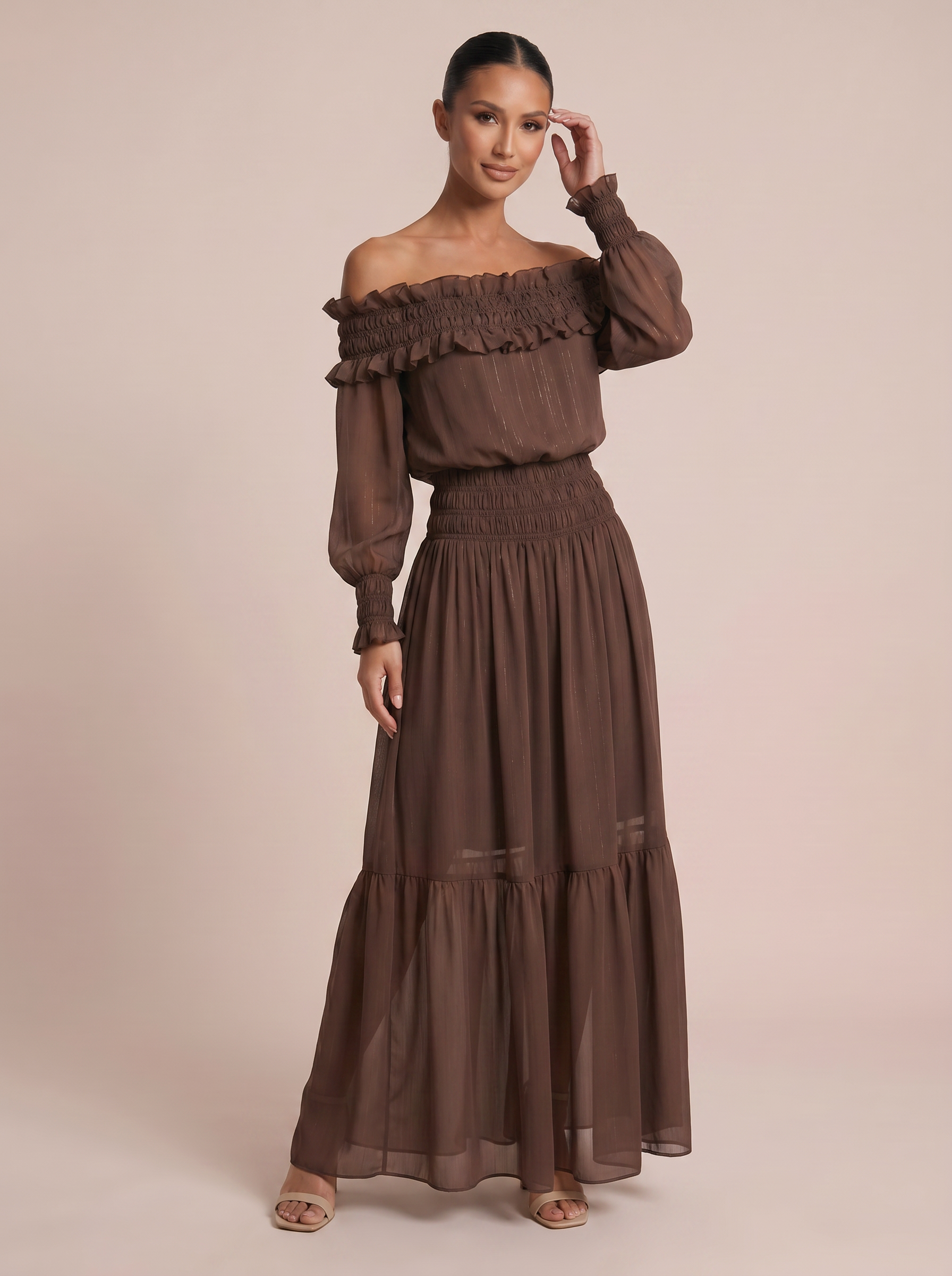 Selah Brown Off Shoulder Long Sleeve Maxi Dress