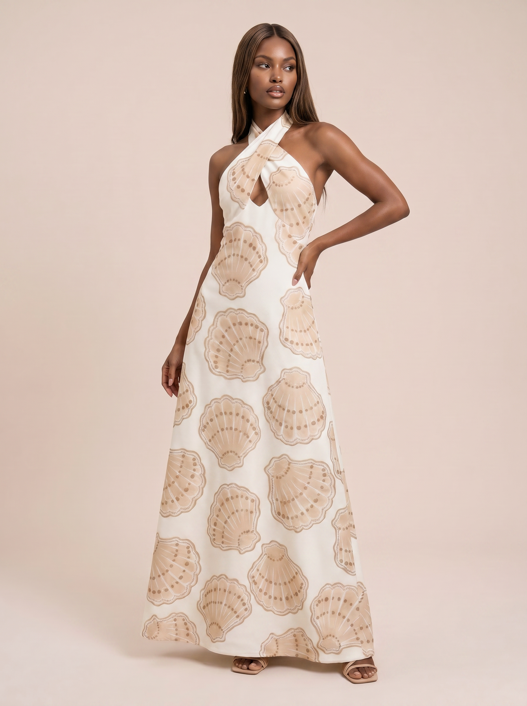 Saylor Seashell Print Halter Summer Beach Maxi Dress
