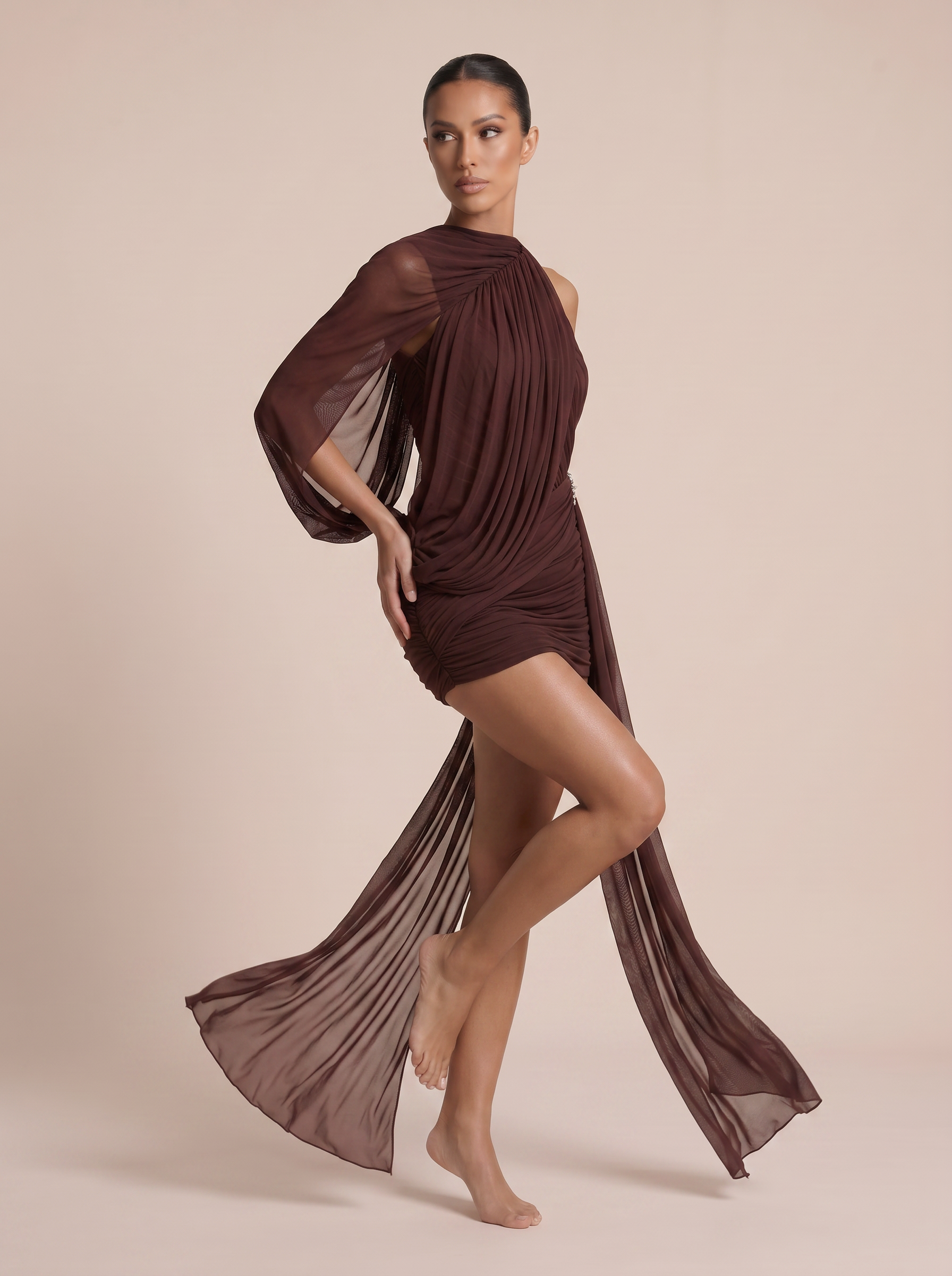 Connie One Shoulder Cape Ruched Asymmetric Mini Dress