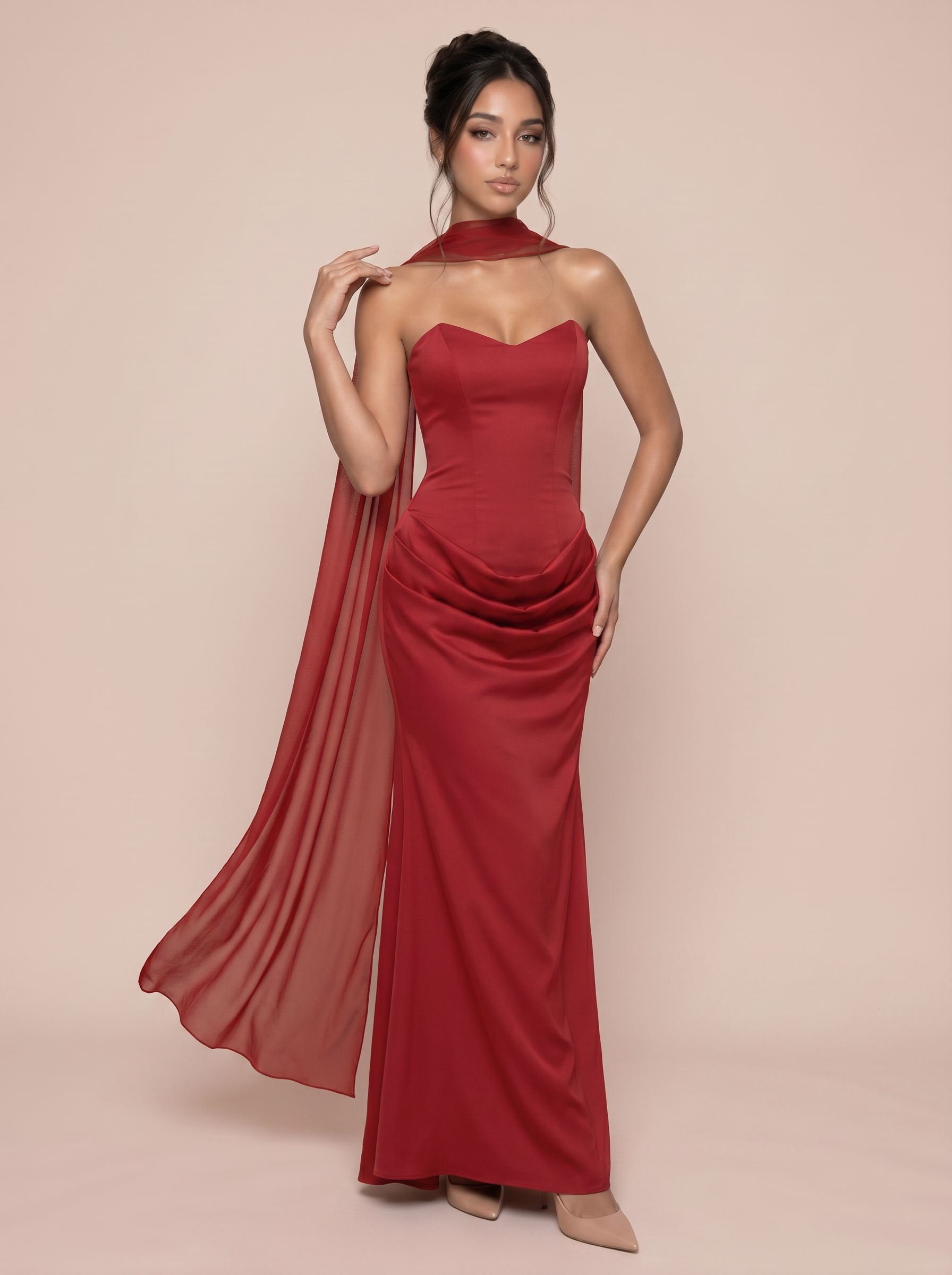 Aviana Satin StraplessFishbone Ruched Maxi Dress