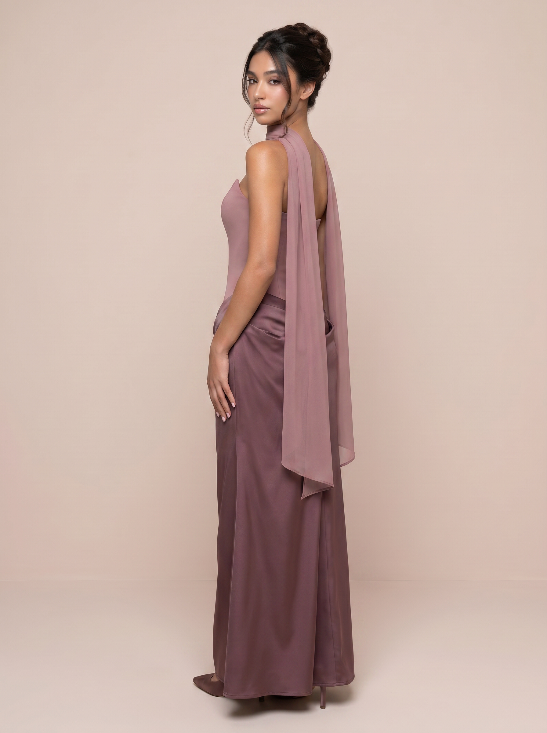 Aviana Satin StraplessFishbone Ruched Maxi Dress