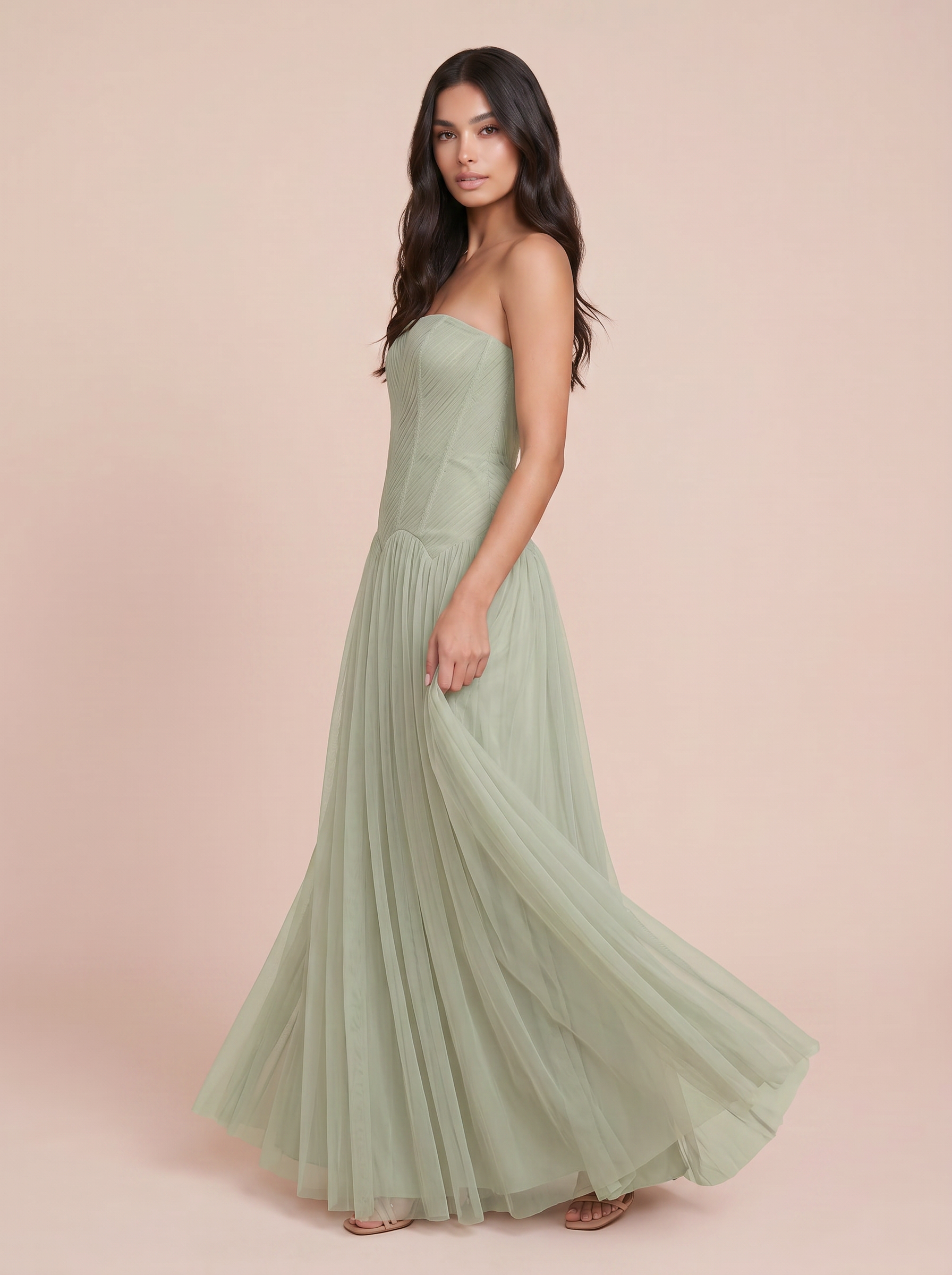 Shyala Green Strapless A-line Elegant Pleated Maxi Dress