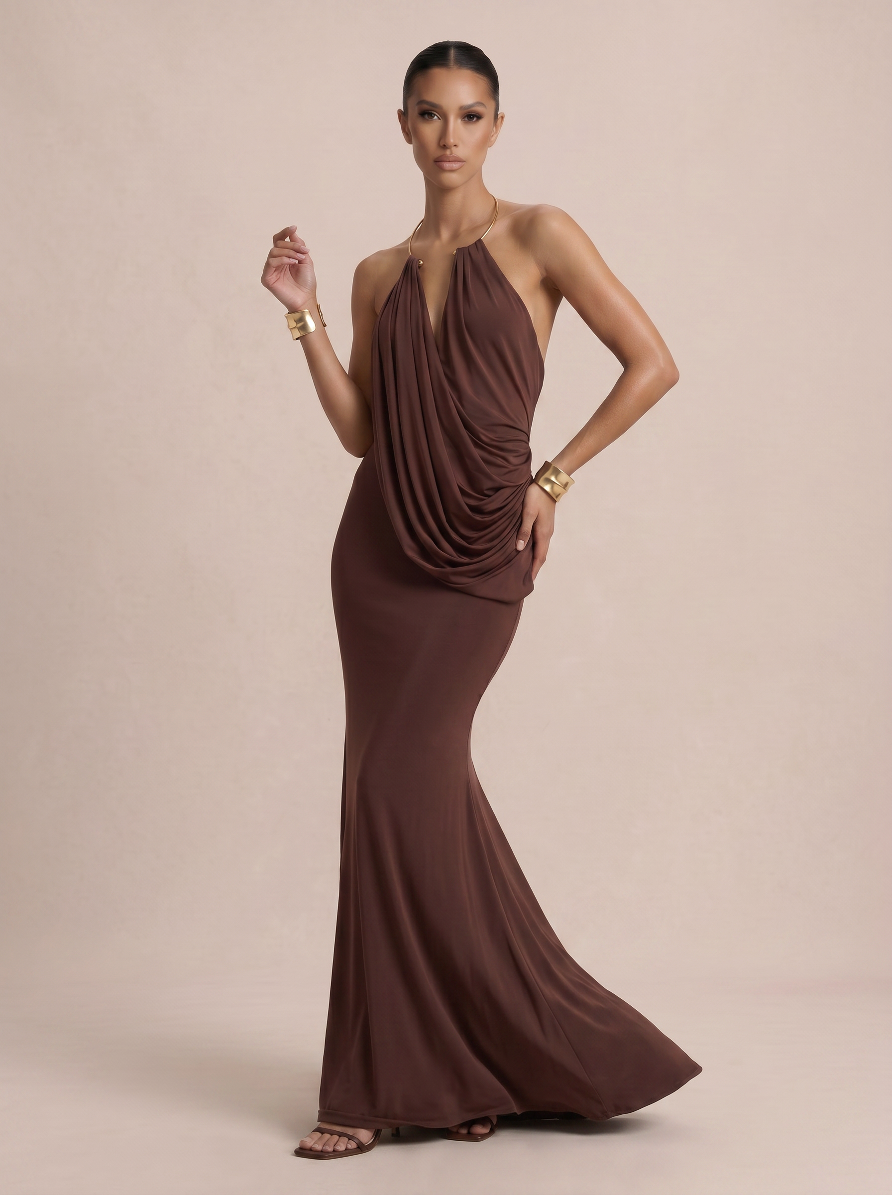 Gigi Brown Draped Halter Sleeveless Backless Maxi Dress