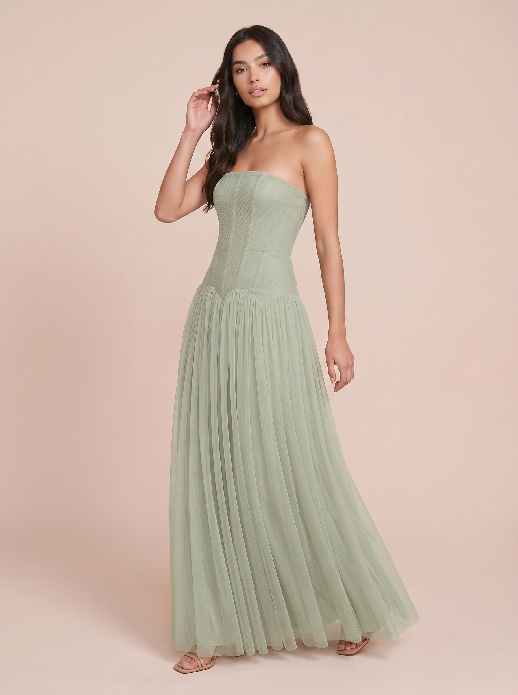 Shyala Green Strapless A-line Elegant Pleated Maxi Dress