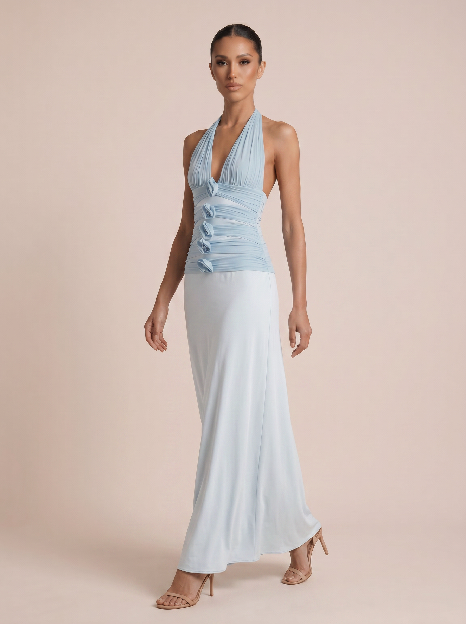 Elina Blue Sleeveless Flower Maxi Dress