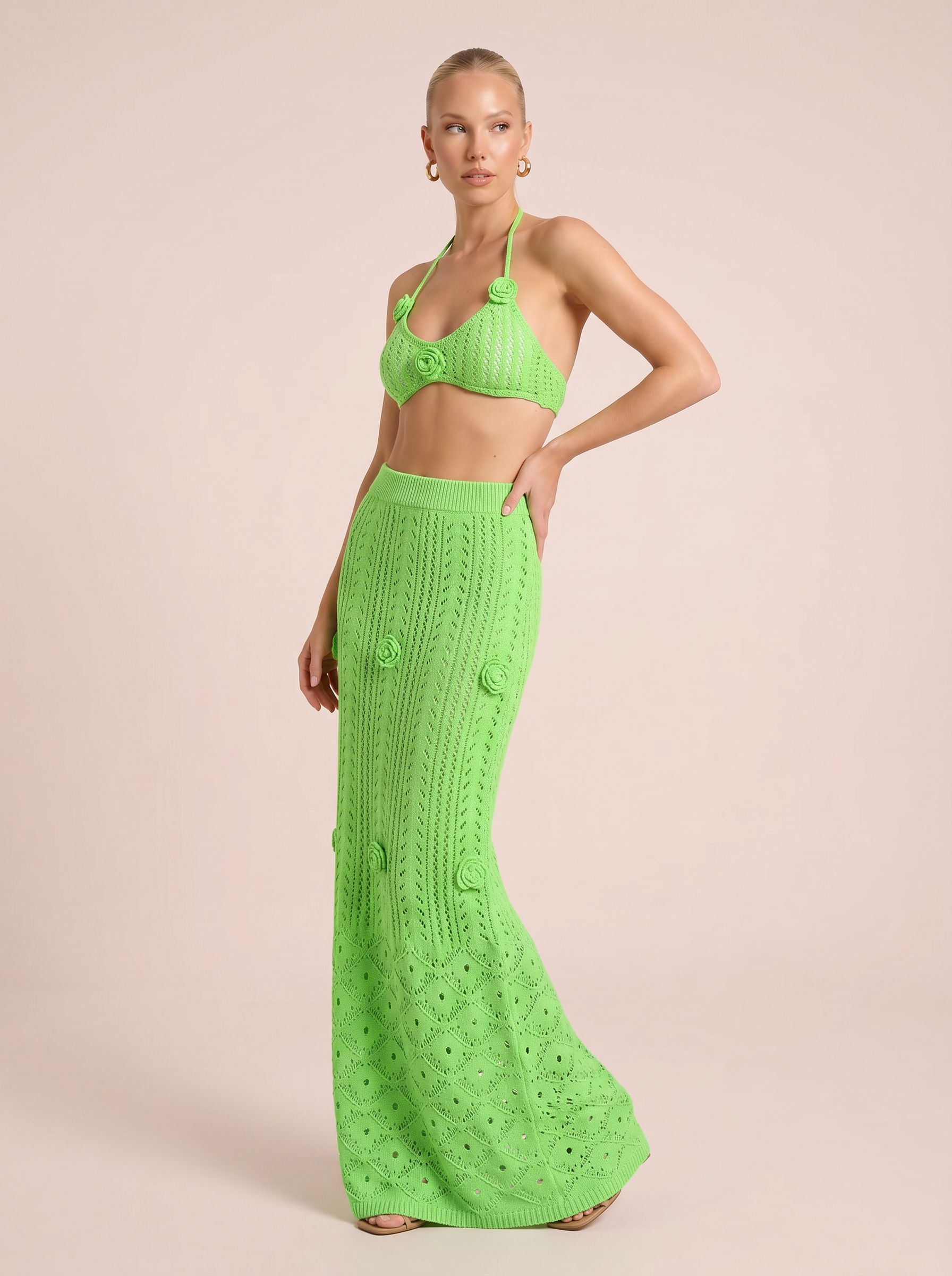 Mirev Crochet Beach Halter Crop Top & Maxi Skirt Two Piece Set