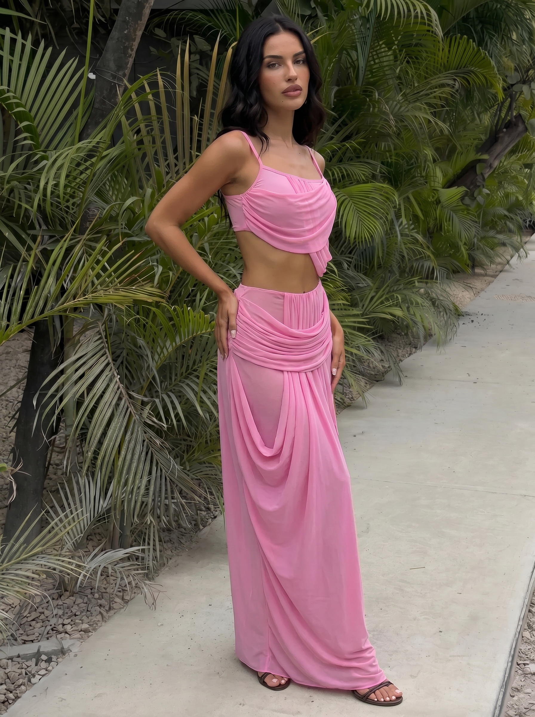 Evorin Pink Mesh Two Piece Set Top & Maxi Skirt Outfit