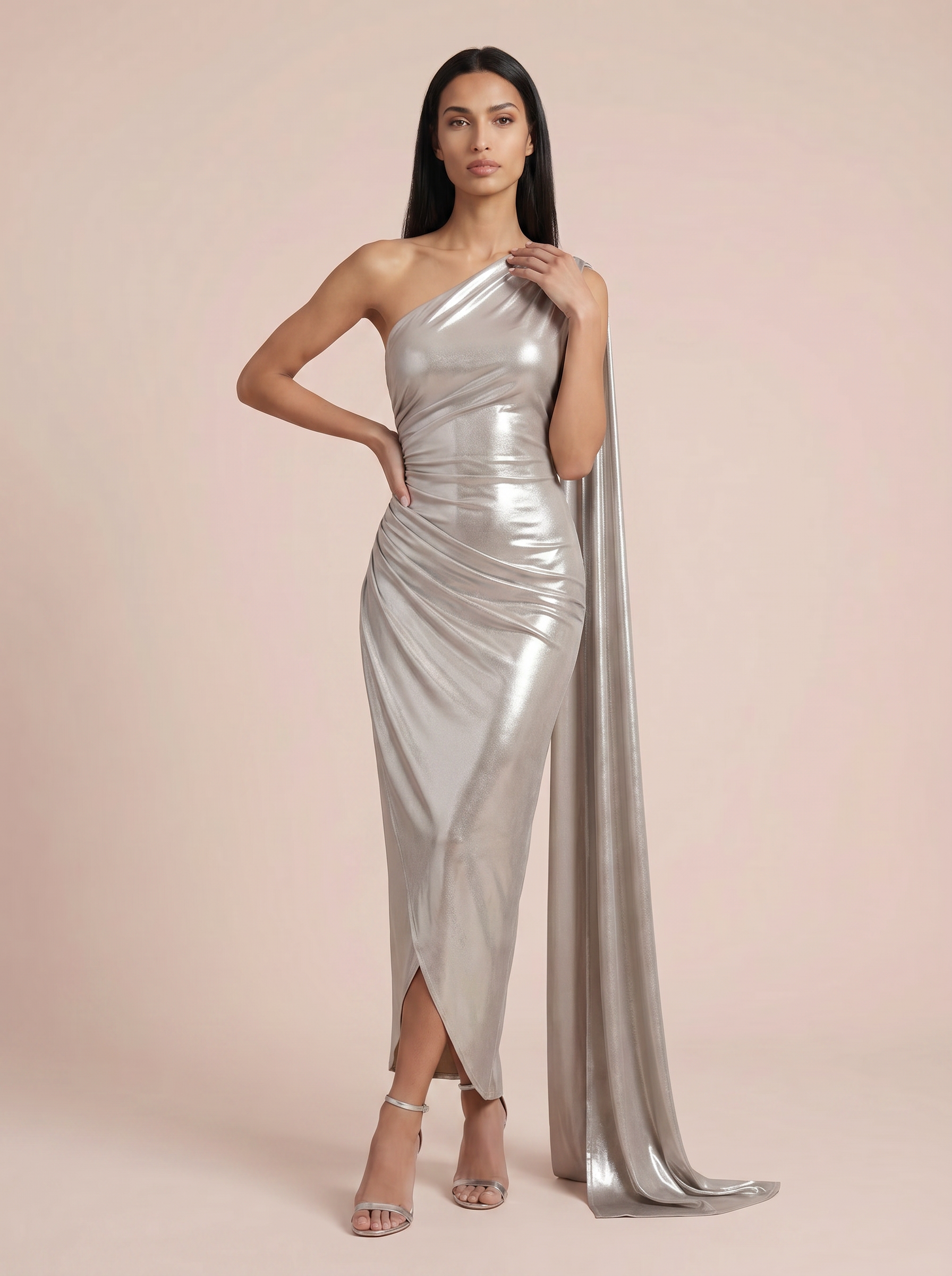 Prya Silver One Shoulder Bodycon Maxi Dress