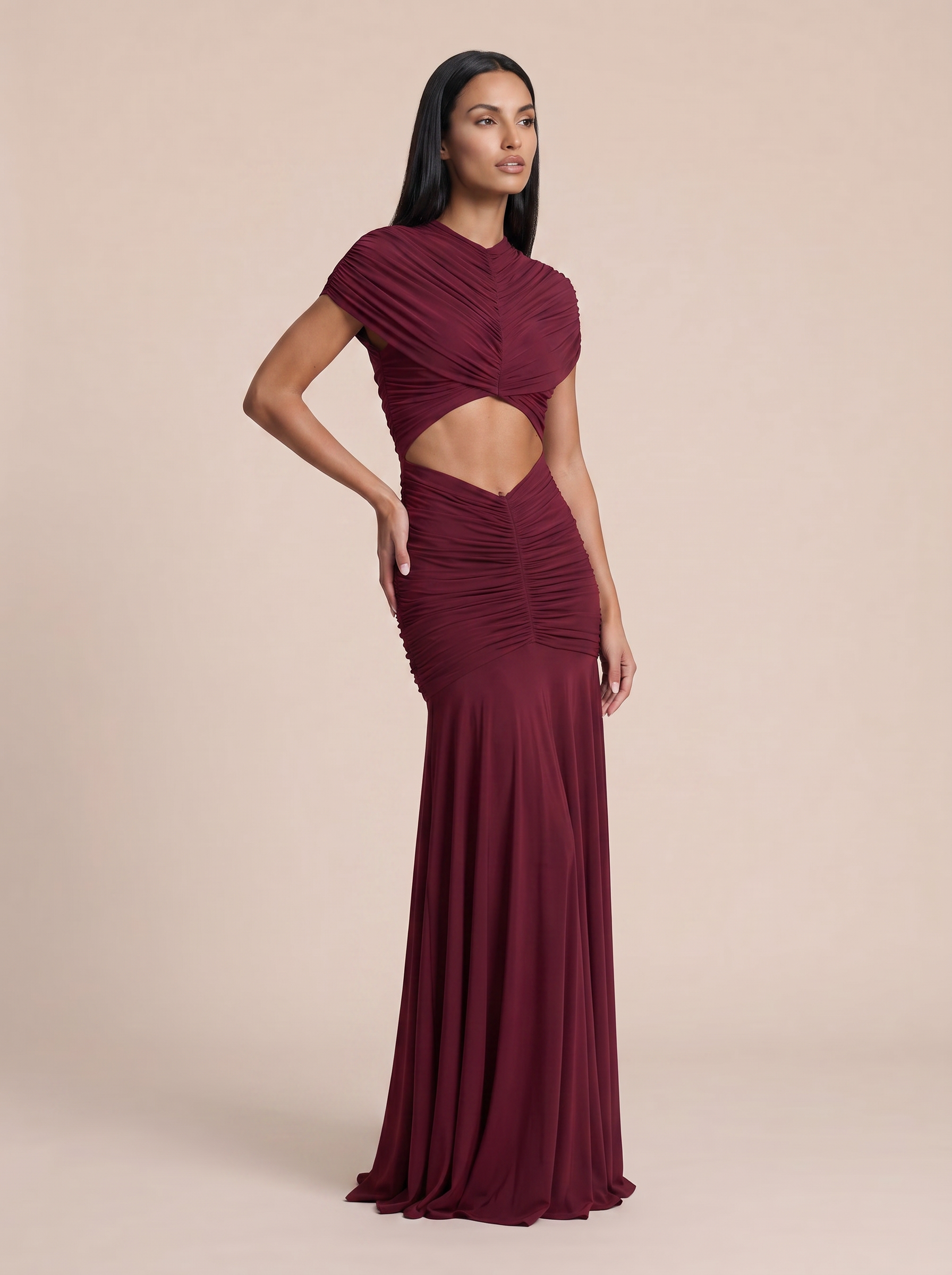 Jolie Turtleneck Ruched Short Sleeve A-line Maxi Dress