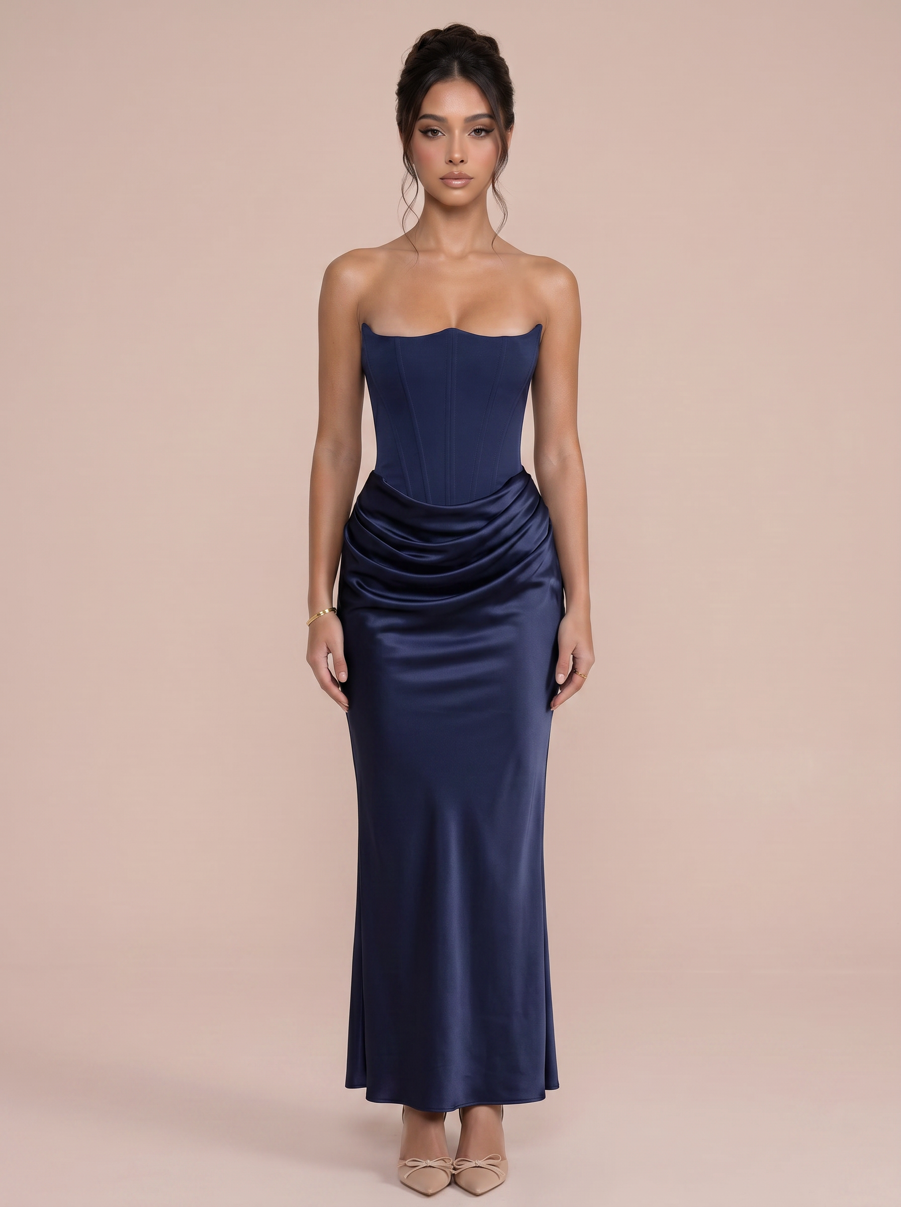 Gia Strapless Fishbone Ruched Maxi Dress