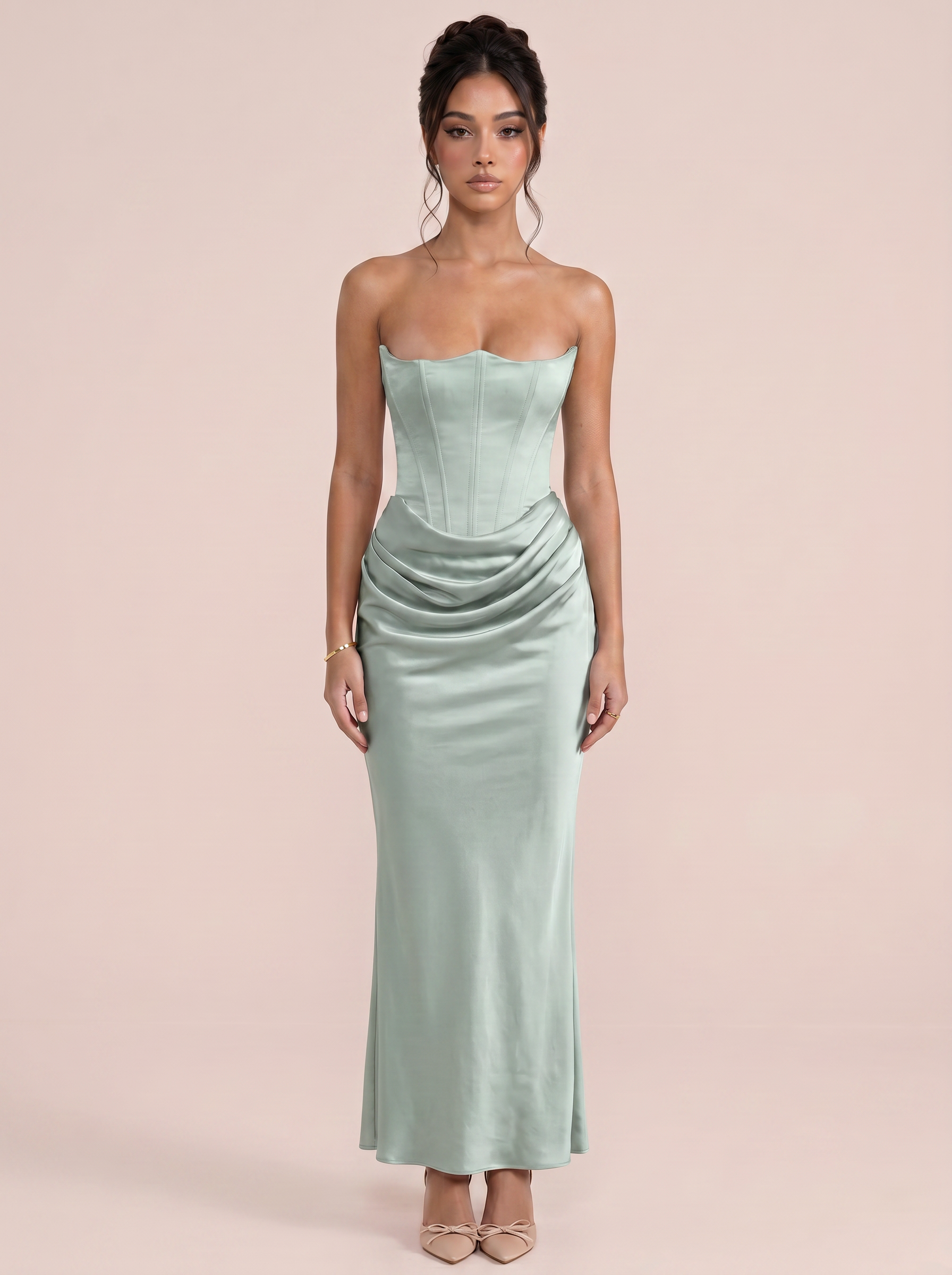 Gia Strapless Fishbone Ruched Maxi Dress