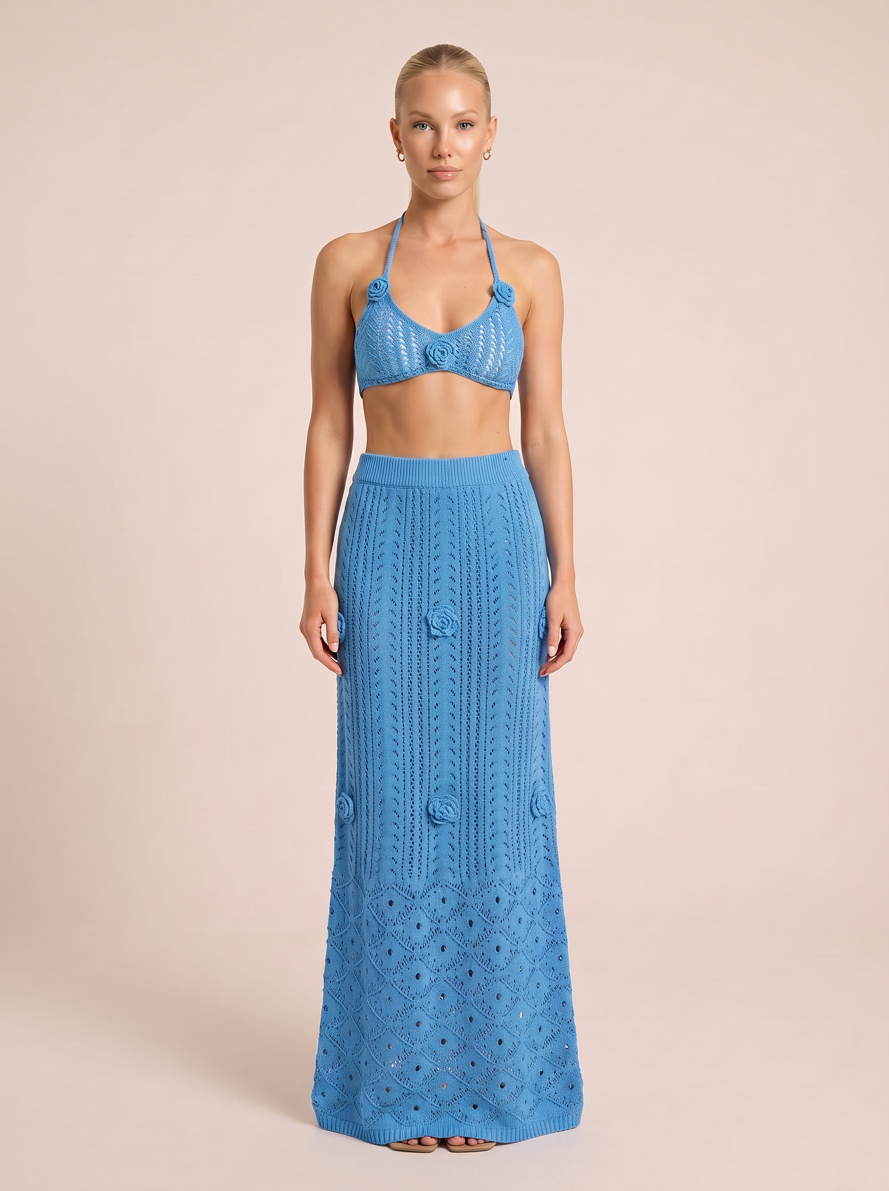 Mirev Crochet Beach Halter Crop Top & Maxi Skirt Two Piece Set