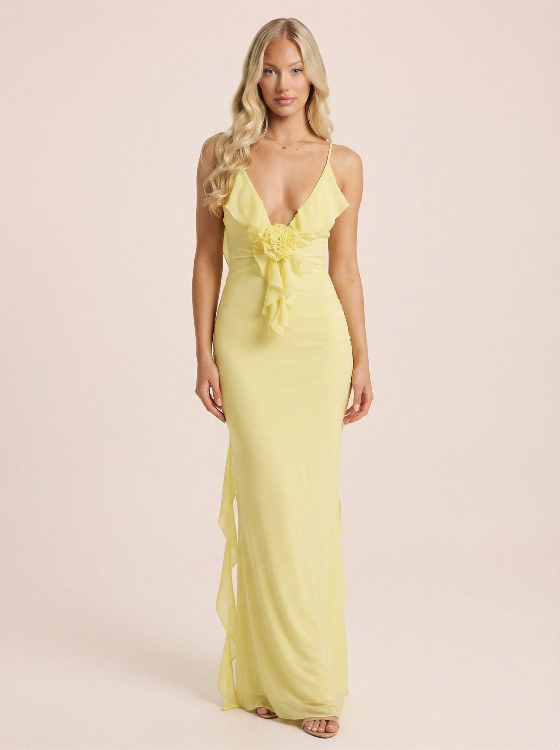 Verbaena Ribbon Bodycon V Neck Backless Ruffle Maxi Dress