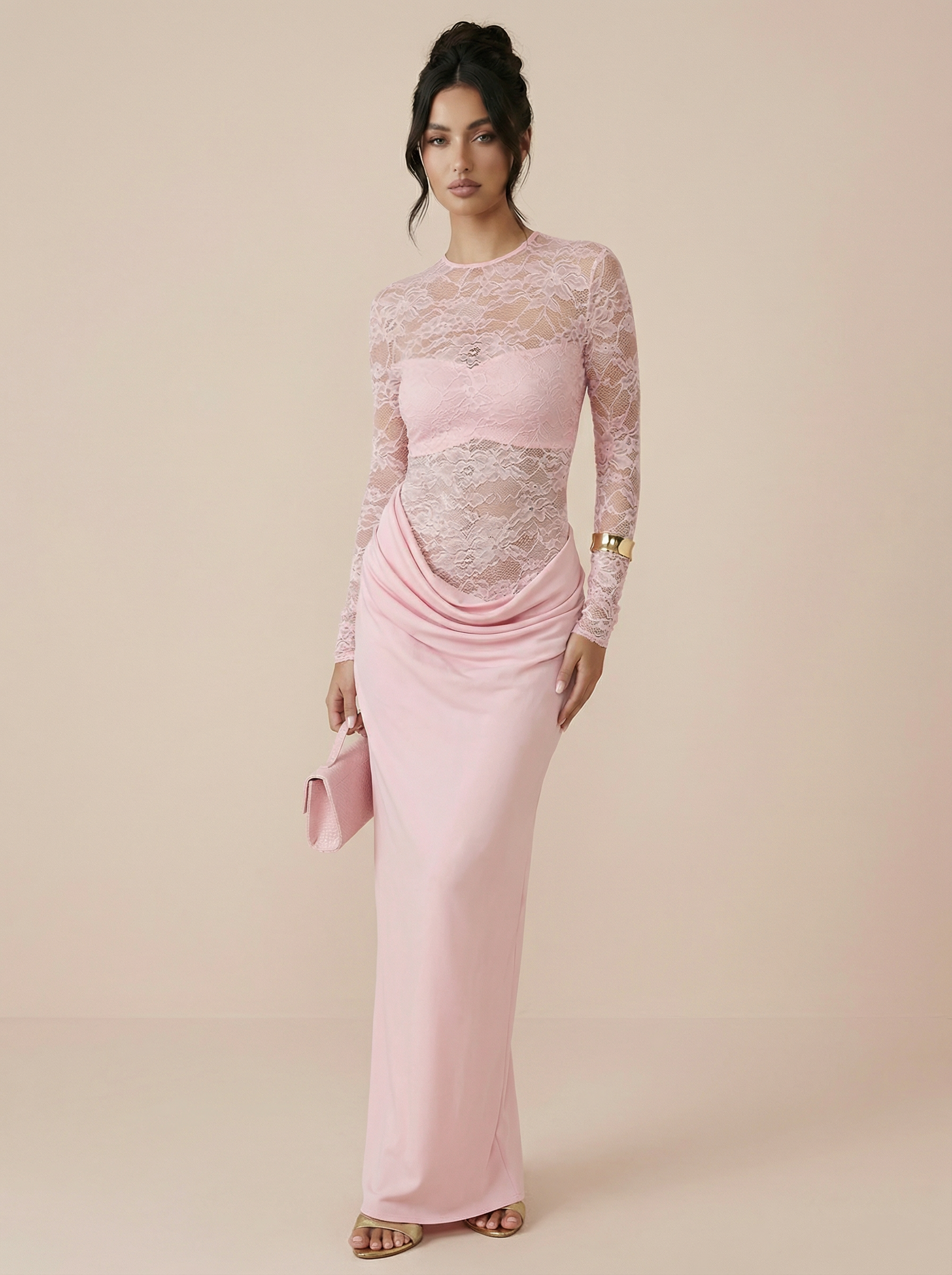 Svea Long Sleeve Elegant Lace Satin Maxi Dress