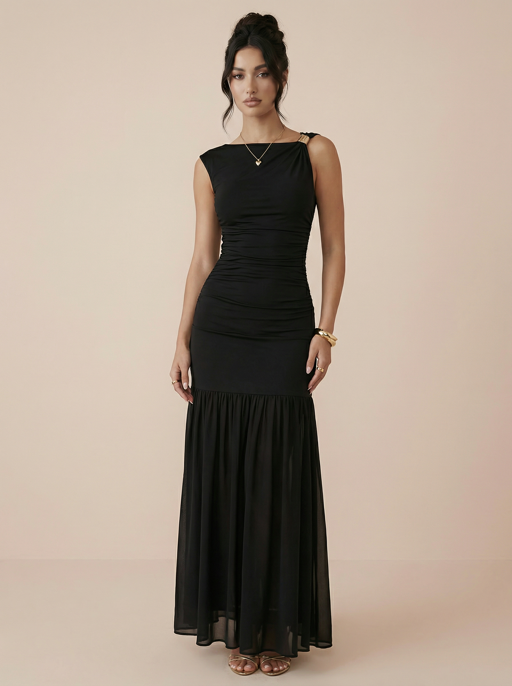 Lia Elegant Sleeveless Asymmetrical Pleated Maxi Dress