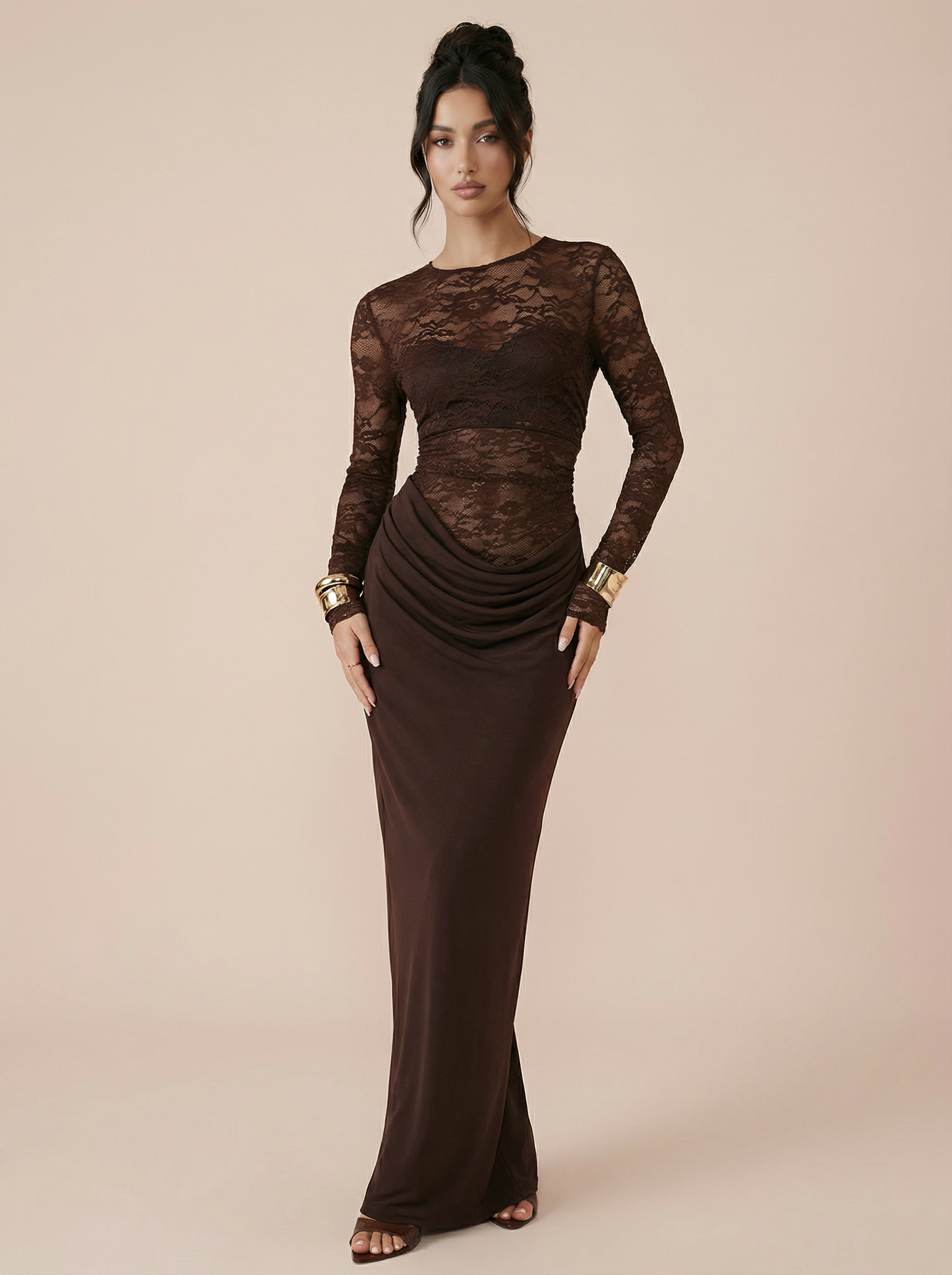 Svea Long Sleeve Elegant Lace Satin Maxi Dress