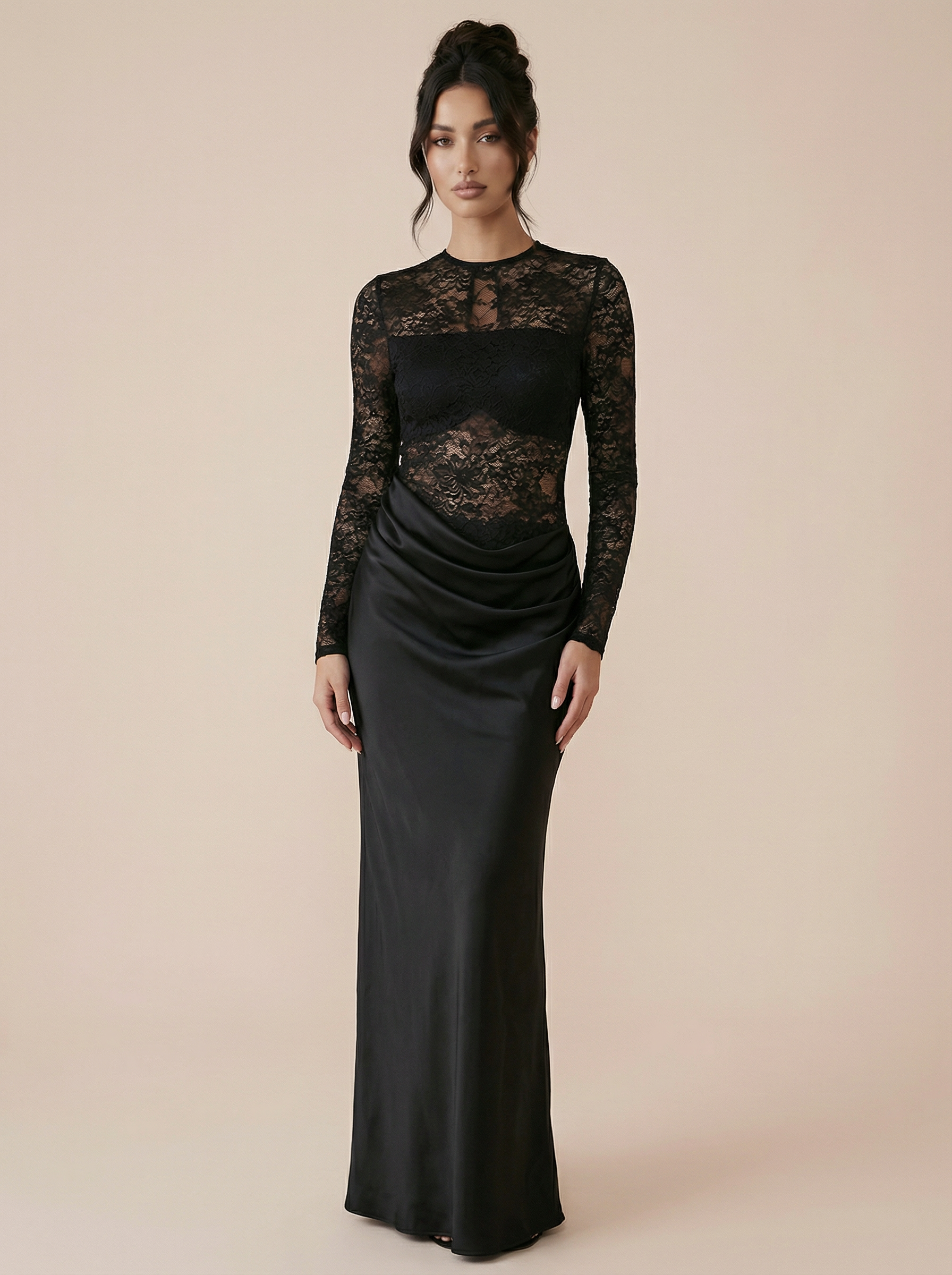 Svea Long Sleeve Elegant Lace Satin Maxi Dress