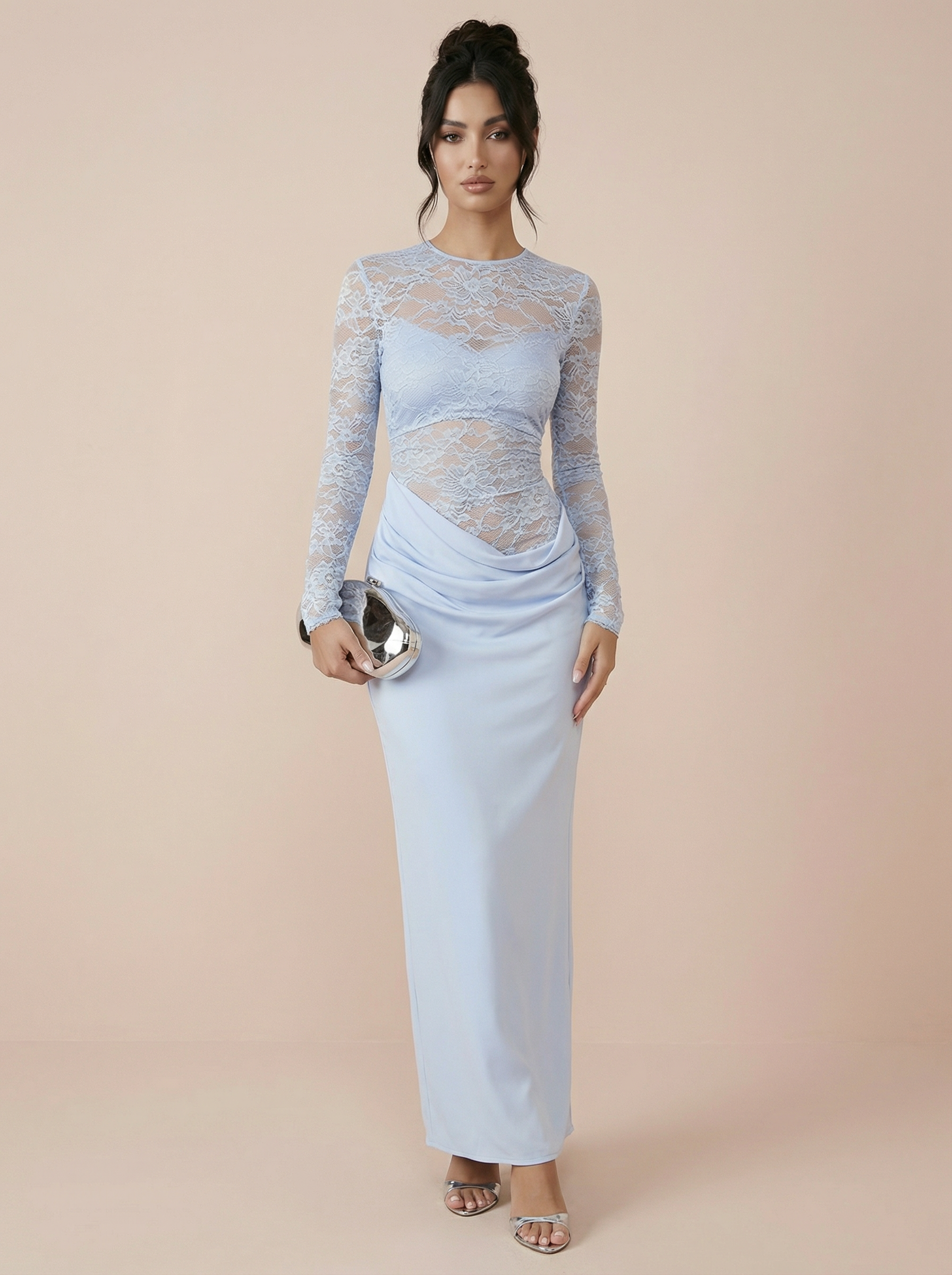 Svea Long Sleeve Elegant Lace Satin Maxi Dress