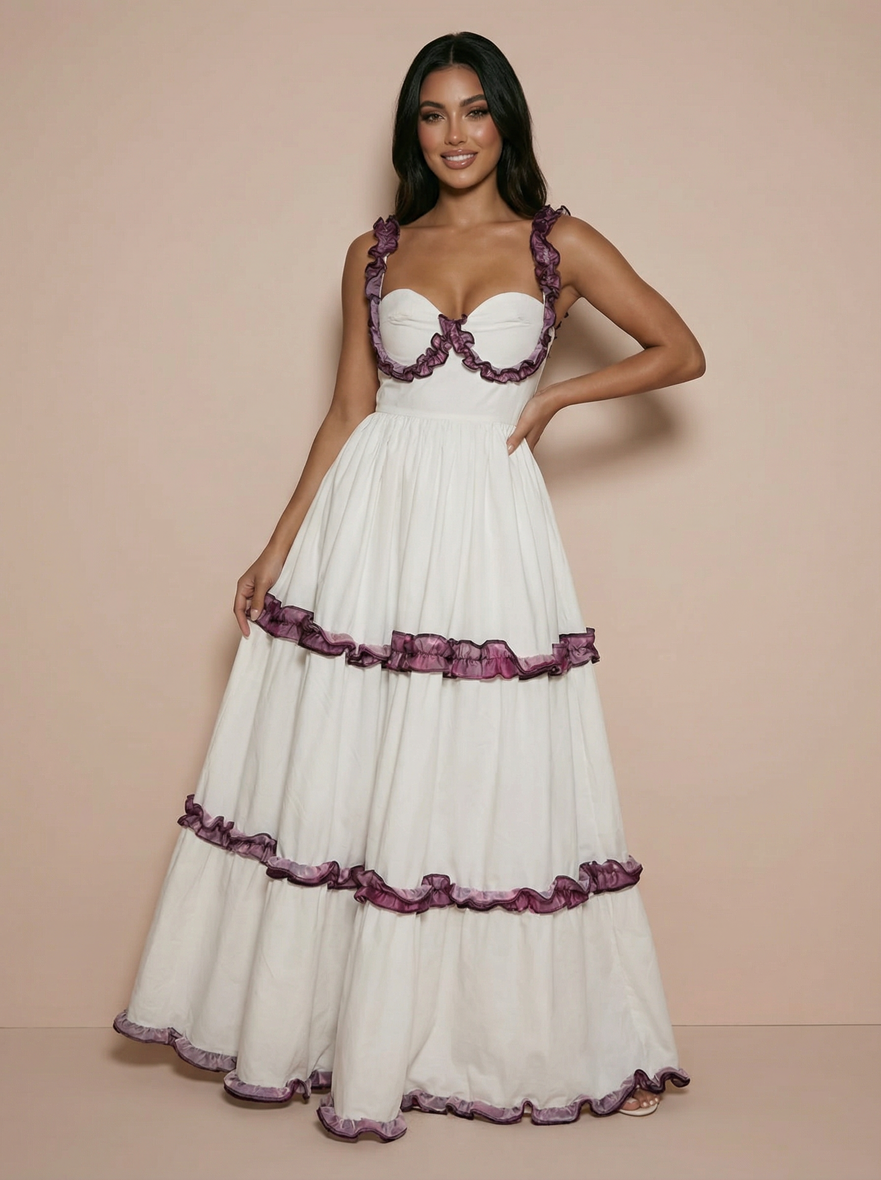Pamela White Purple Ruffle Tiered Maxi Dress