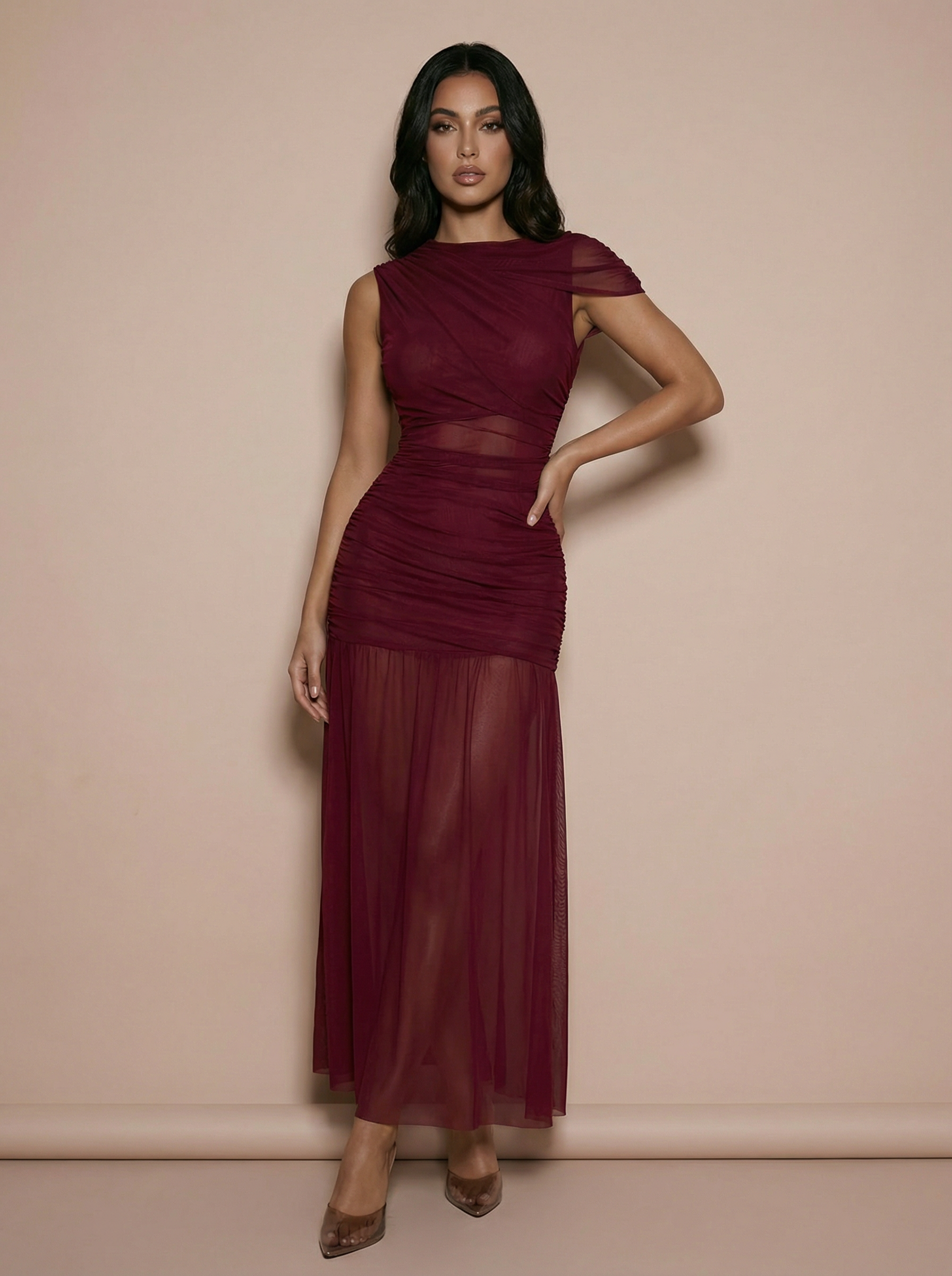 Candice Sheer Mesh Ruched Bodycon Maxi Dress