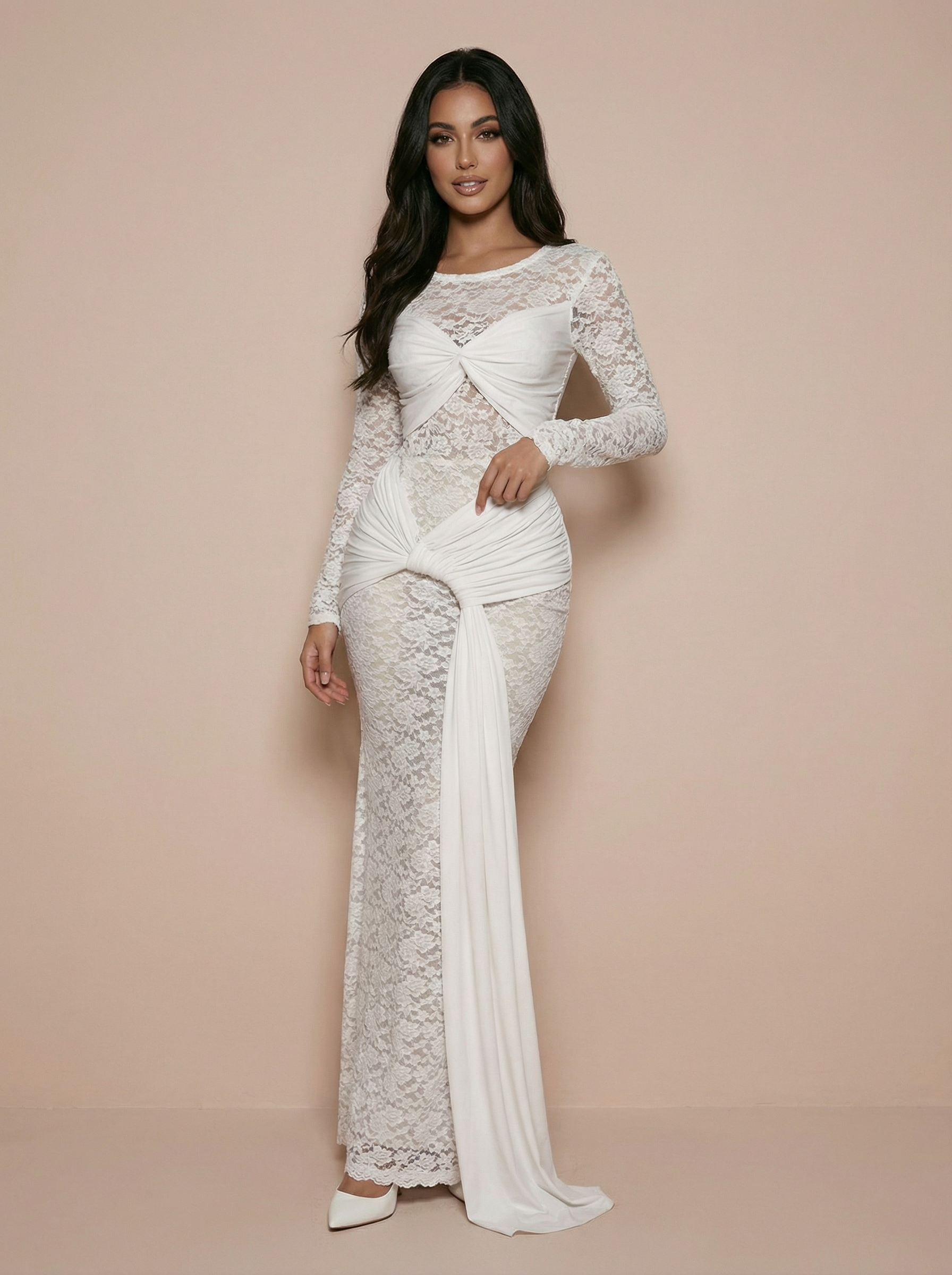 Electra White Elegant Long Sleeve Ruched Bodycon Maxi Dress