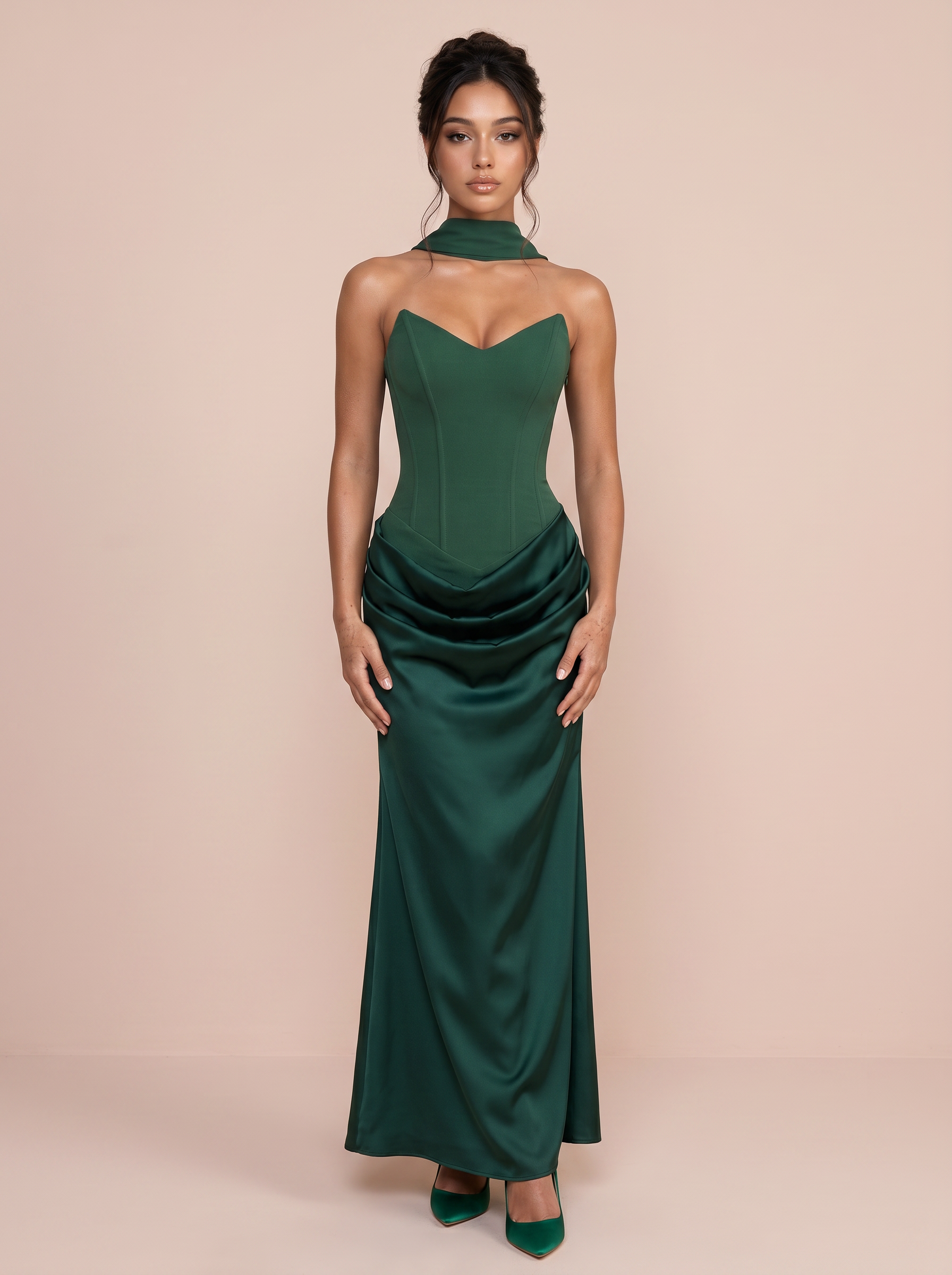Aviana Satin StraplessFishbone Ruched Maxi Dress