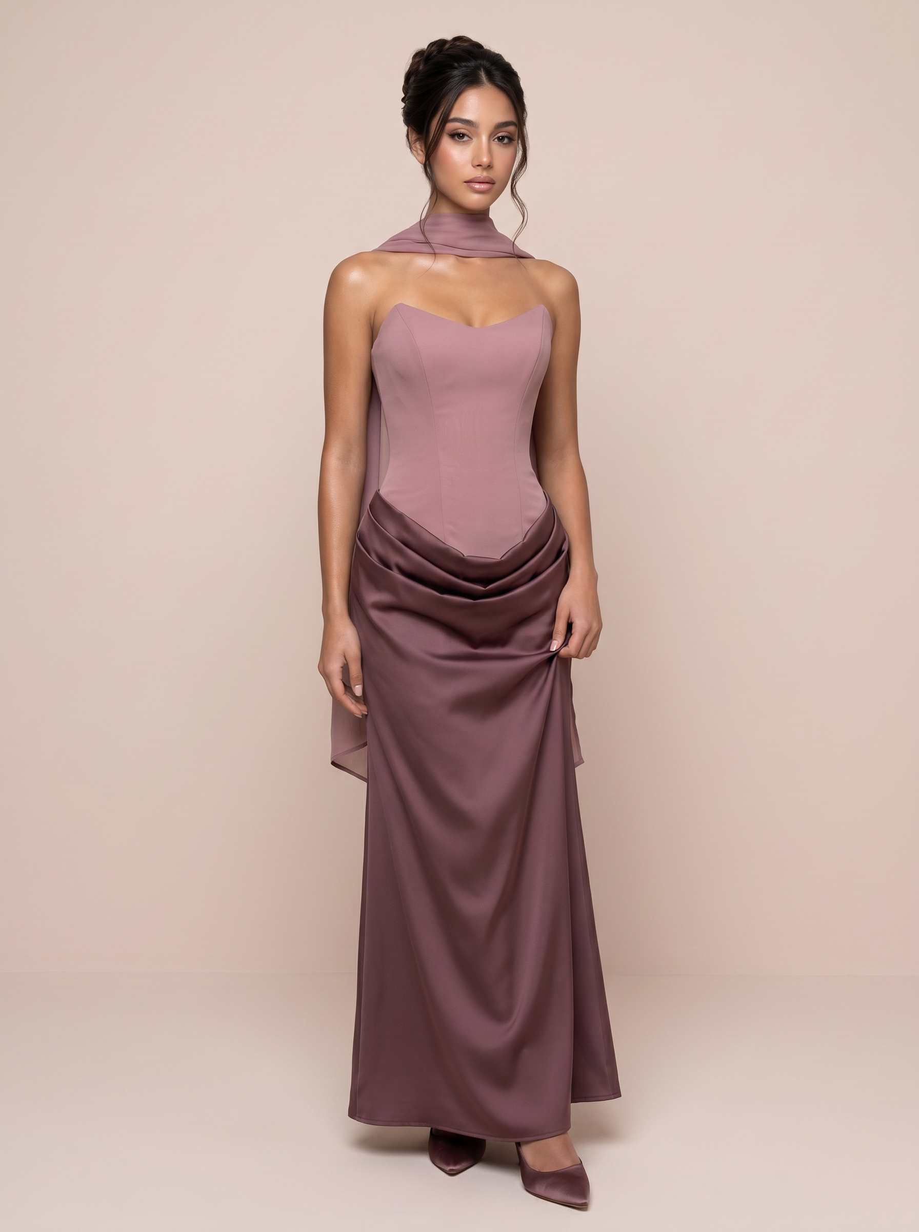 Aviana Satin StraplessFishbone Ruched Maxi Dress