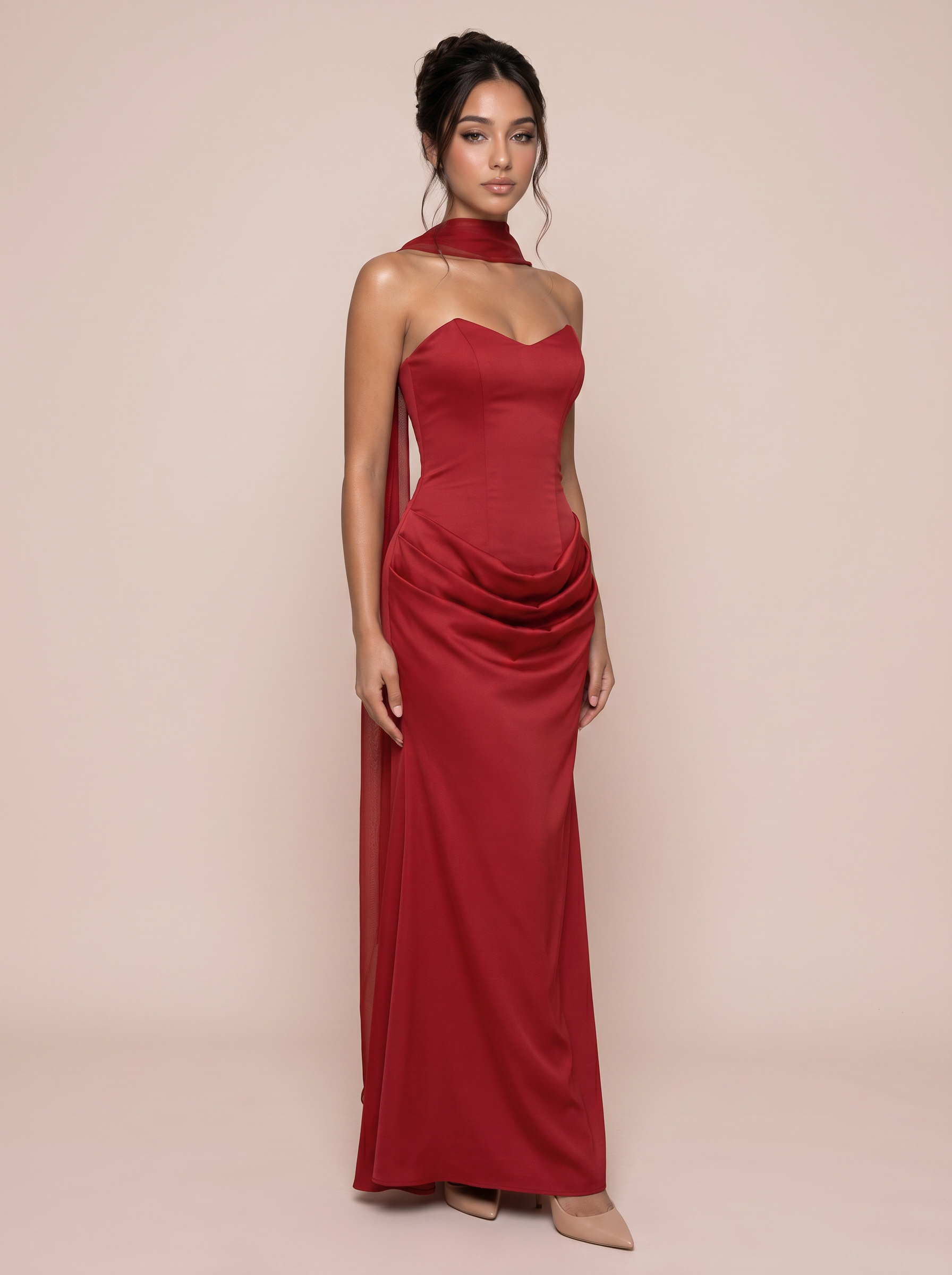 Aviana Satin StraplessFishbone Ruched Maxi Dress