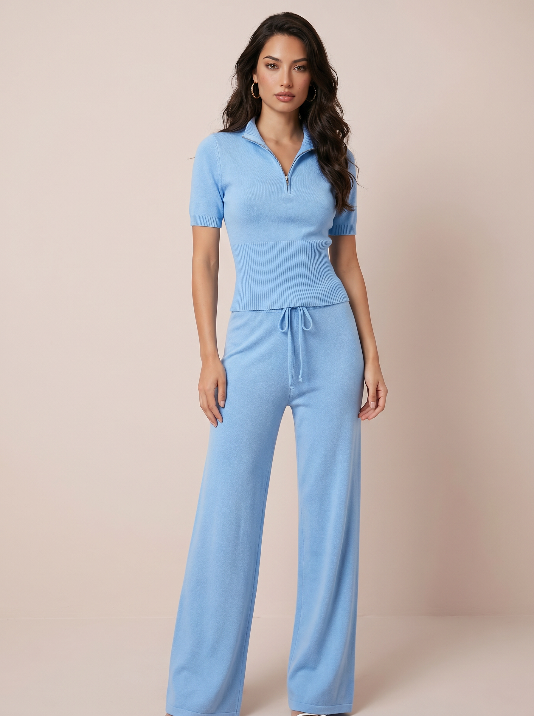 Kavelle Short Sleeve Tops & Drawstring Wide Leg Pants Two Piece Set