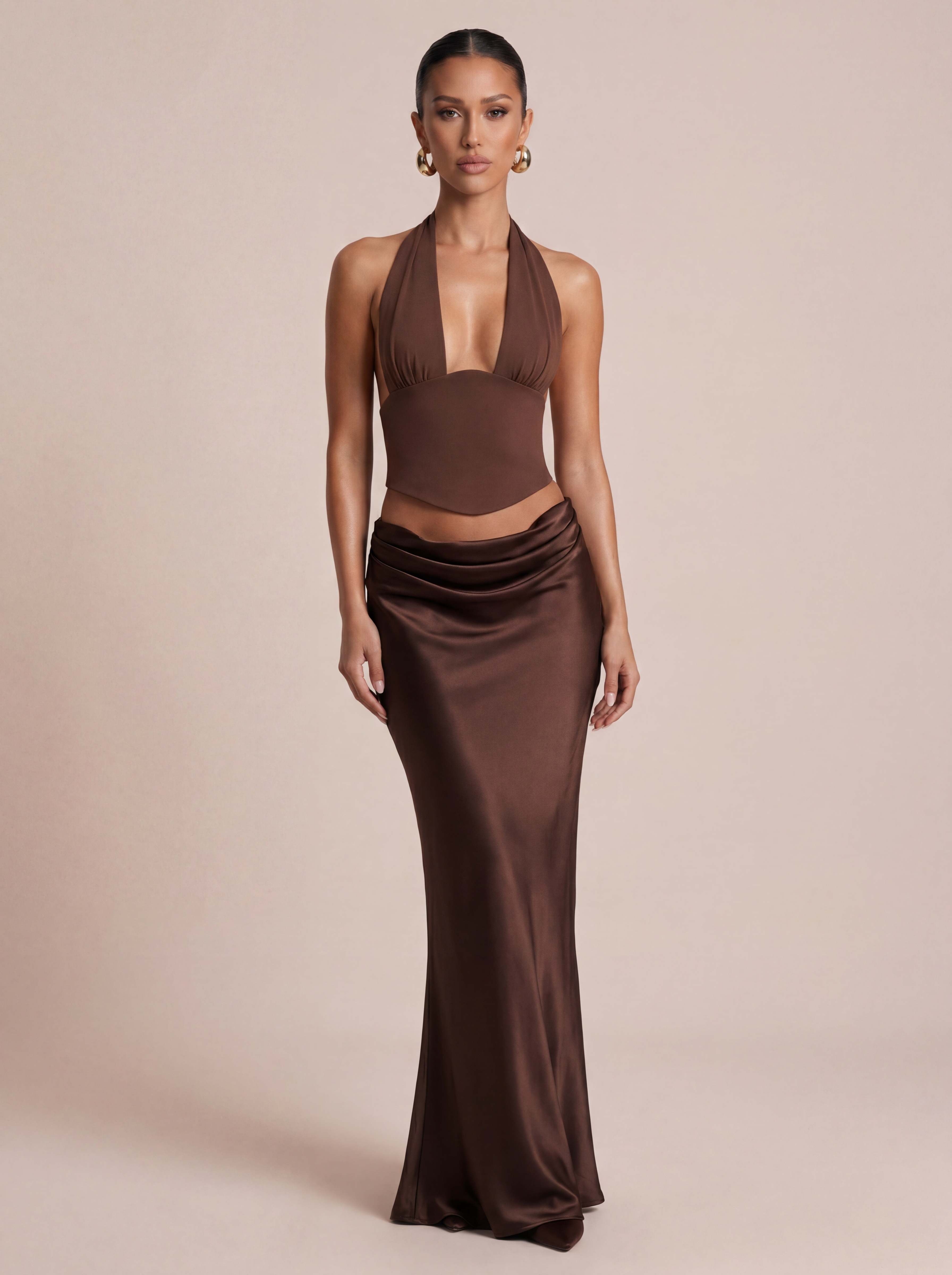 Kendall Halter Crop Top & Satin Maxi Skirt Two Piece Set