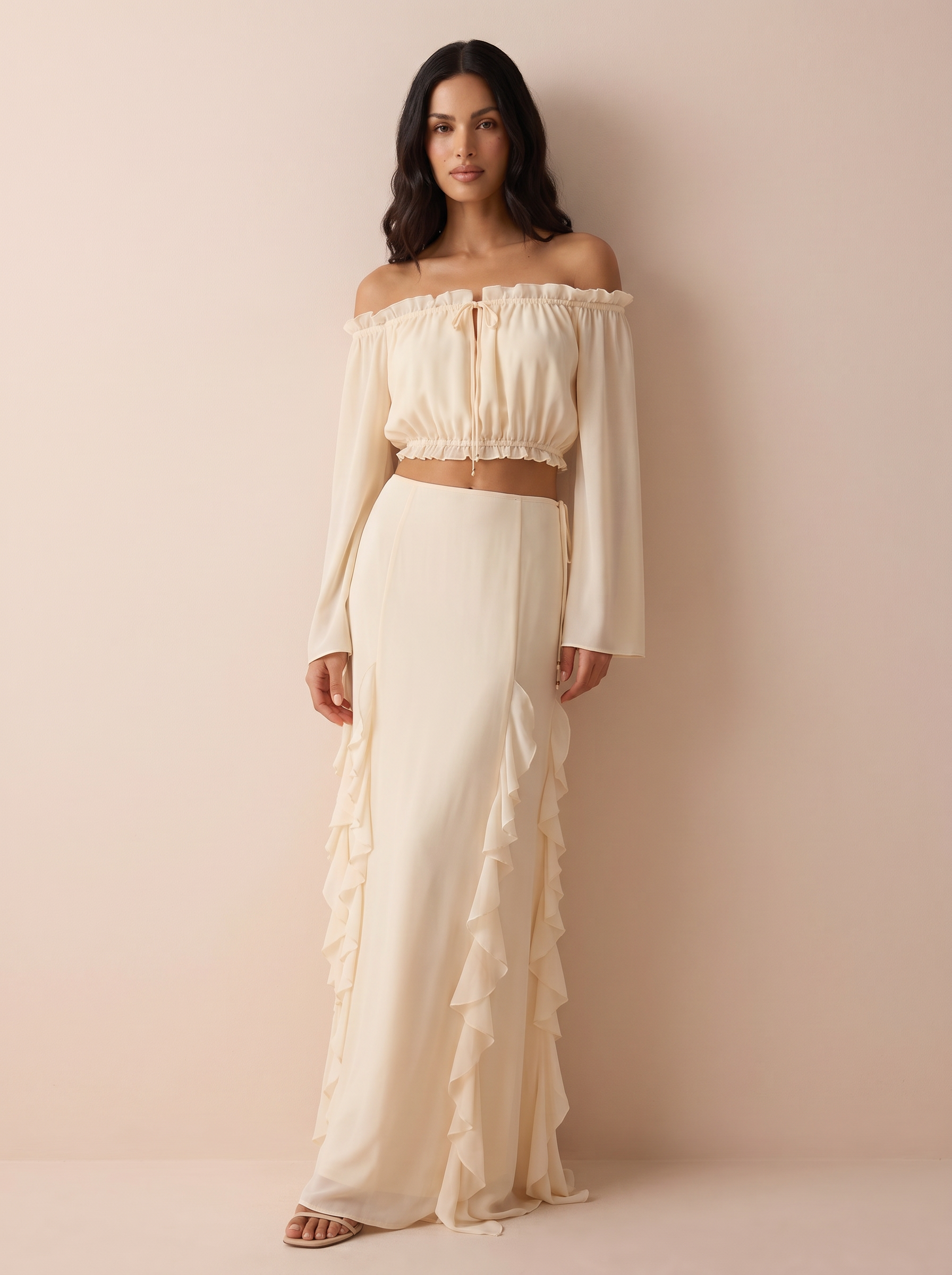 Noira Long Sleeve Maxi Skirt Ruffle Two Piece Summer Beach Set