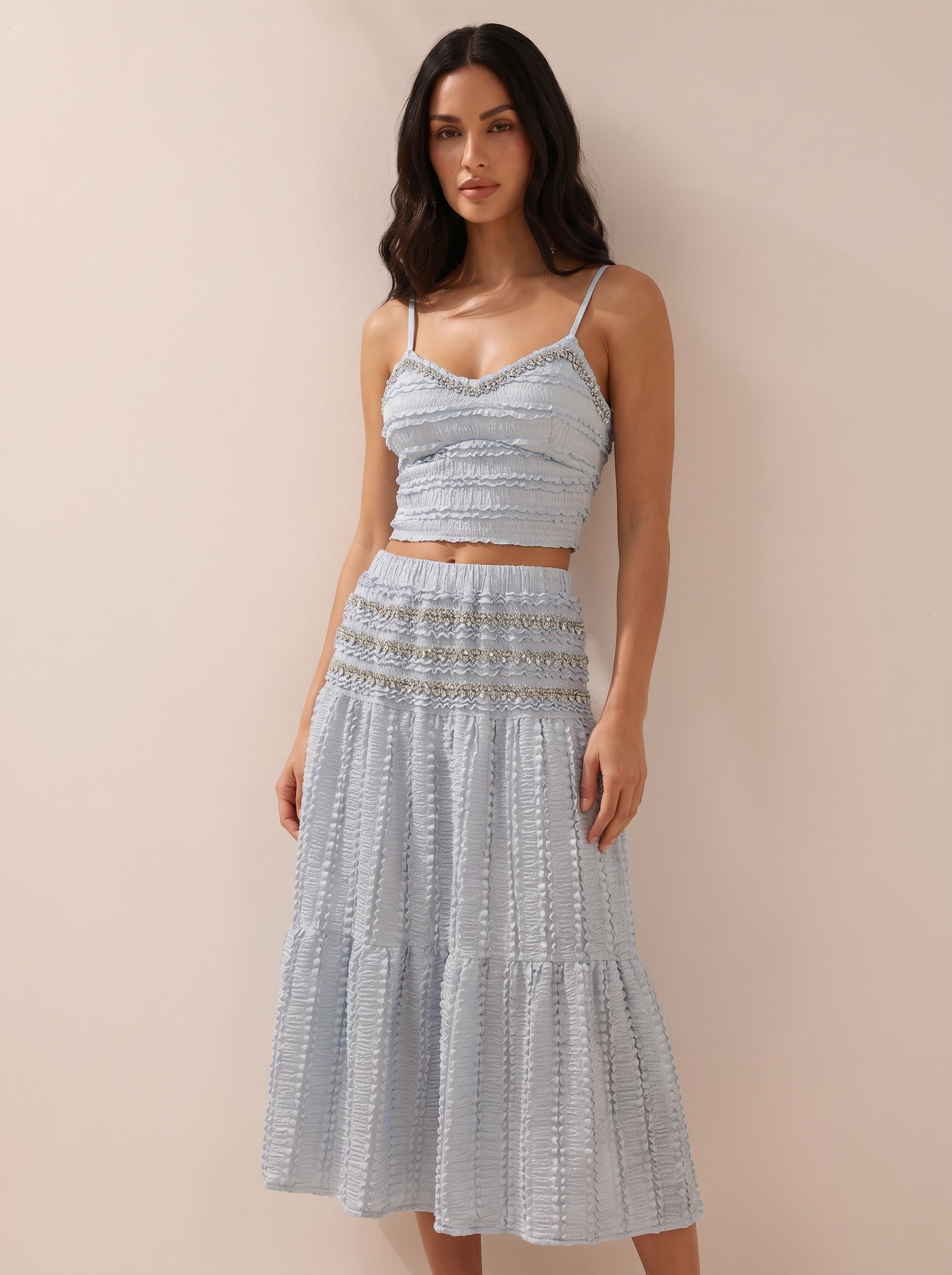 Jolie Rhinestone Pleated Crop Top & Maxi Skirt Two Piece Set